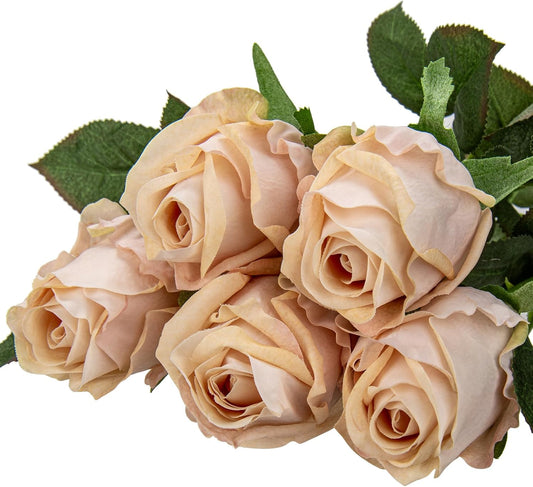 Artificial Realistic Roses Champagne Flowers 24" Real Touch Silk Roses Bouquet Long Stems Rose for Flower Arrangement Fake Roses Decor for Home Party Wedding Table Centerpieces Roses Realistic - 5 Pcs