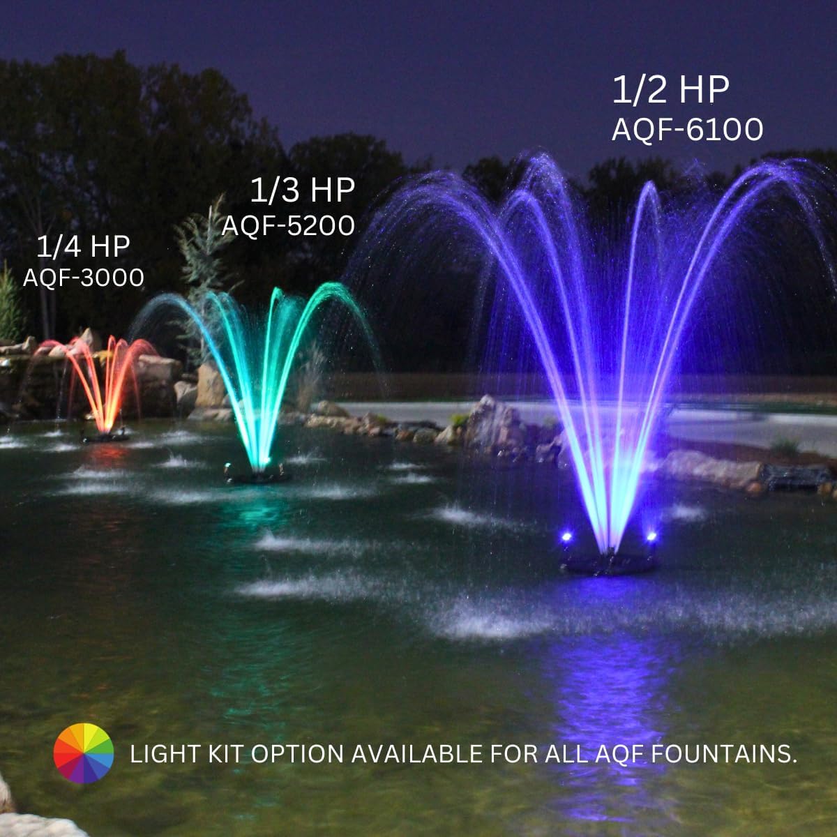 HALF OFF PONDS Floating Fountain – 1/2 HP Pond Aerator, 100' Cord – 6,100 GPH Water Pump – 9 Spray Patterns - Color-Changing LED Lights - for Ponds & Water Gardens