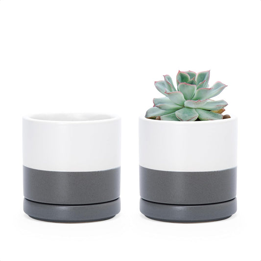 D'vine Dev Set of 2 Plants Pots, 3.5 Inch Ceramic Planter Pot for Plants with Drainage Hole and Saucer, White/Speckled Grey, 94-V-A-6