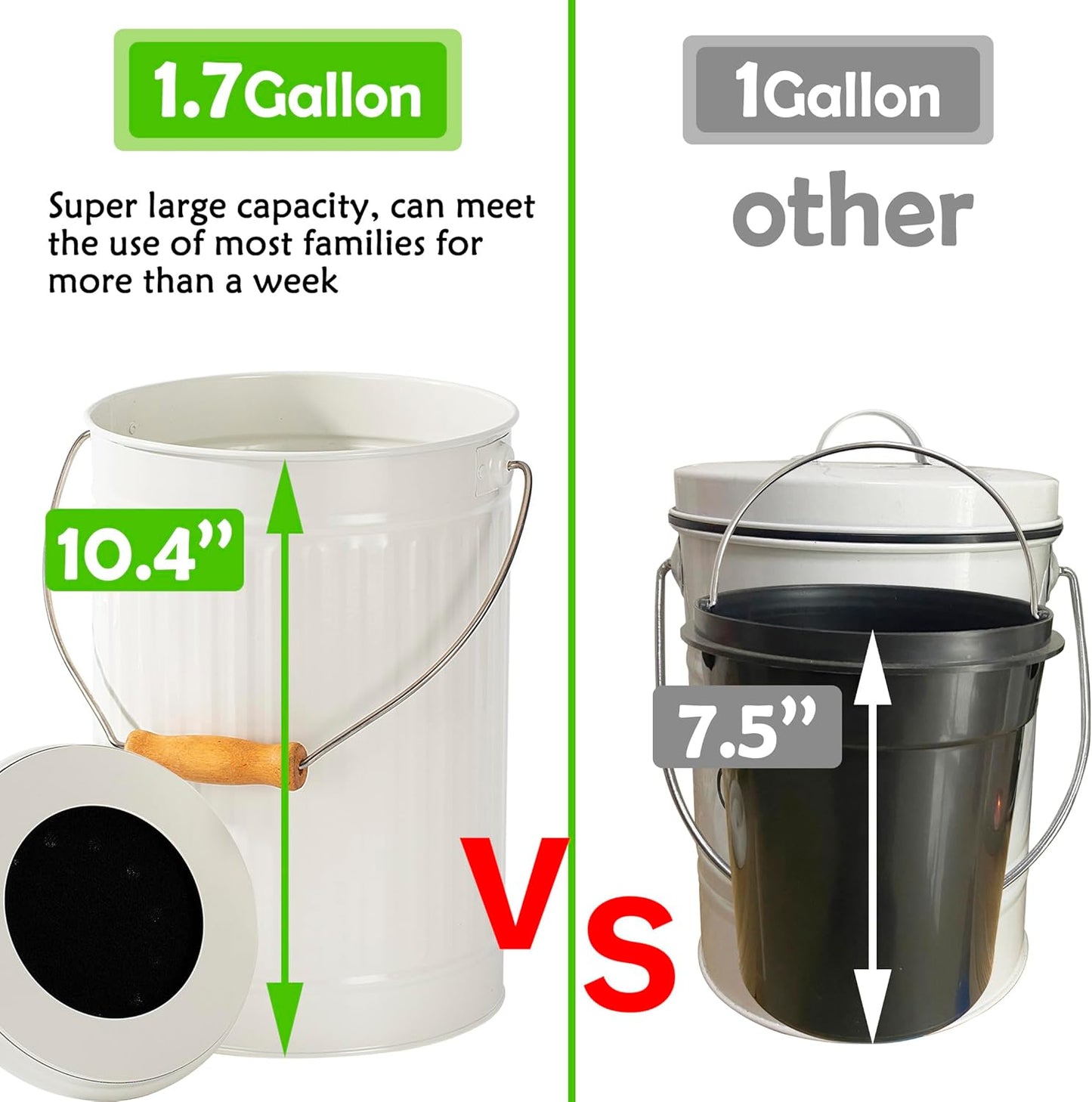 1.7 Gallon Kitchen Compost Bin, Indoor Countertop Compost Bin with Lid, 100% Rust Proof Compost Bucket with Non-Smell Charcoal Filters (White)