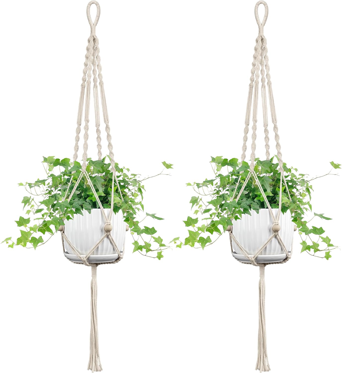 2 Pack Macrame Plant Hanger, 44 Inch, Fits 4-12 Inch Pots, Extra Long Indoor Outdoor Hanging Planter Basket Flower Pot Holder, Boho Home Decor, Ivory (POTS NOT Included)