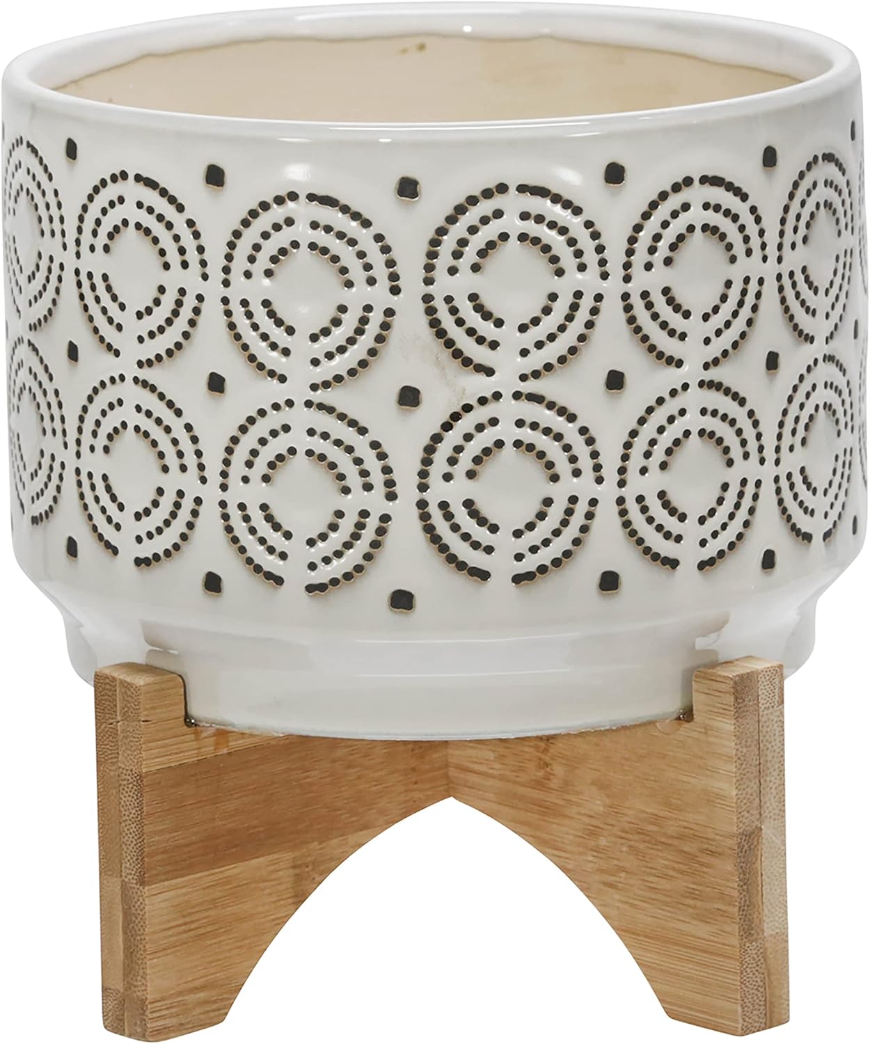 Sagebrook Home Ivory Ceramic Planter with Wooden Stand - Decorative Indoor/Outdoor Plant Pot - Modern Boho Home & Garden Decor - Stylish Round Flower Pot for Succulents & Herbs - 8", Ivory & Tan
