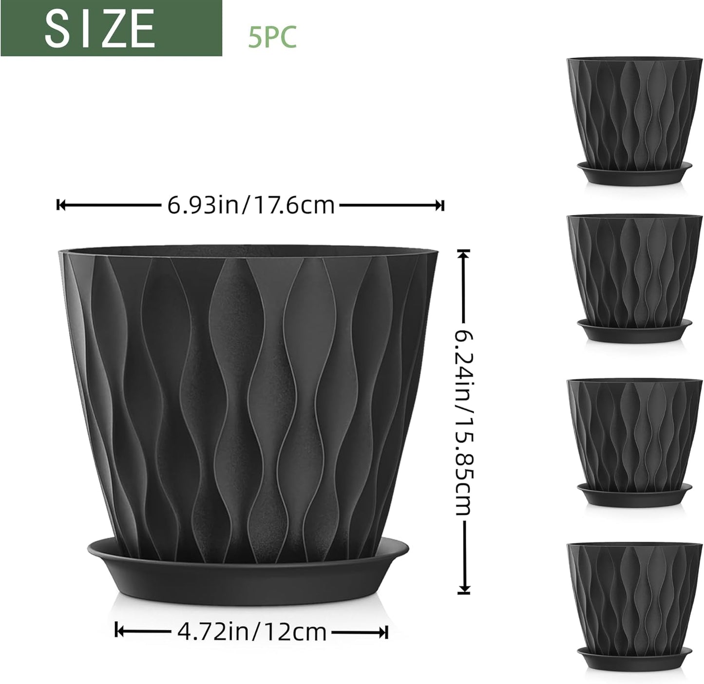 7 Inch Plant Pots 5 Pack, Flower Planters with Drainage Holes and Trays,Plastic Pots for Indoor Outdoor Plants,Black