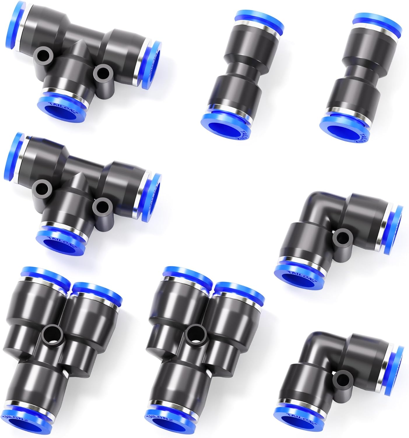 TAILONZ PNEUMATIC 1/2 Inch od Push to Connect Fittings Pneumatic Fittings Kit 2 Spliters+2 Elbows+2 tee+2 Straight (8 pcs)