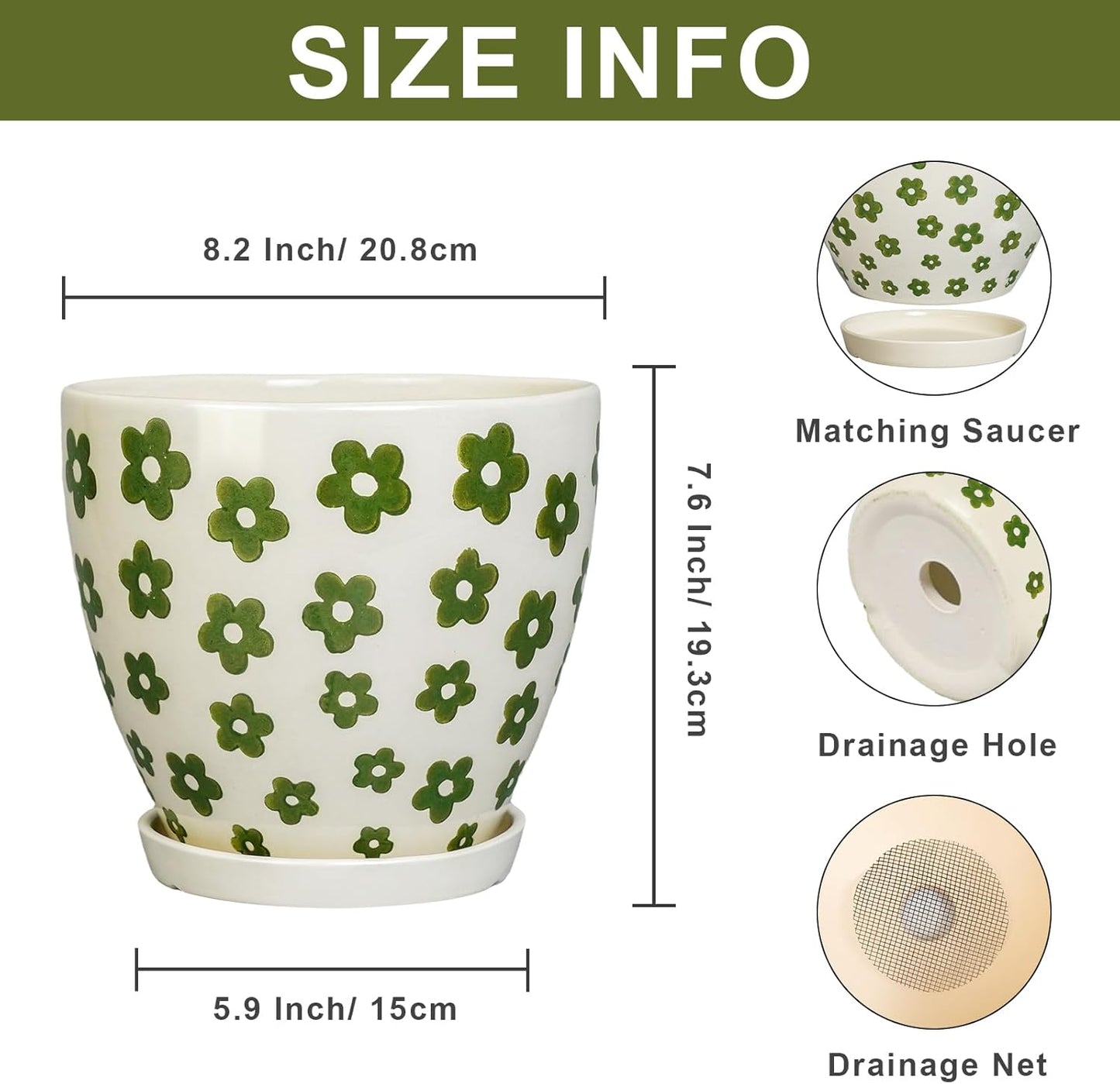 8.2 Inch Plant Pot - Ceramic Flower Pot Indoor with Drainage Hole and Saucer, Boho Round Decorative Planter for Indoor Plants, Housewarming Gifts, Office Garden Home Room Decor, White