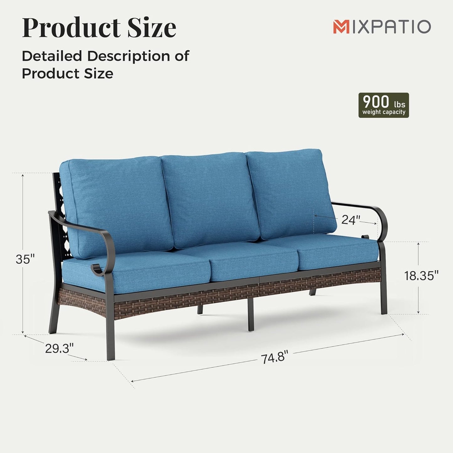 Patio Furniture Sofa, 3-Seat Patio Sofa Steel Frame Outdoor Sectional Couch with Deep Seating and 5.75” Cushions for Lawn Backyard Porch Deck, Navy Blue