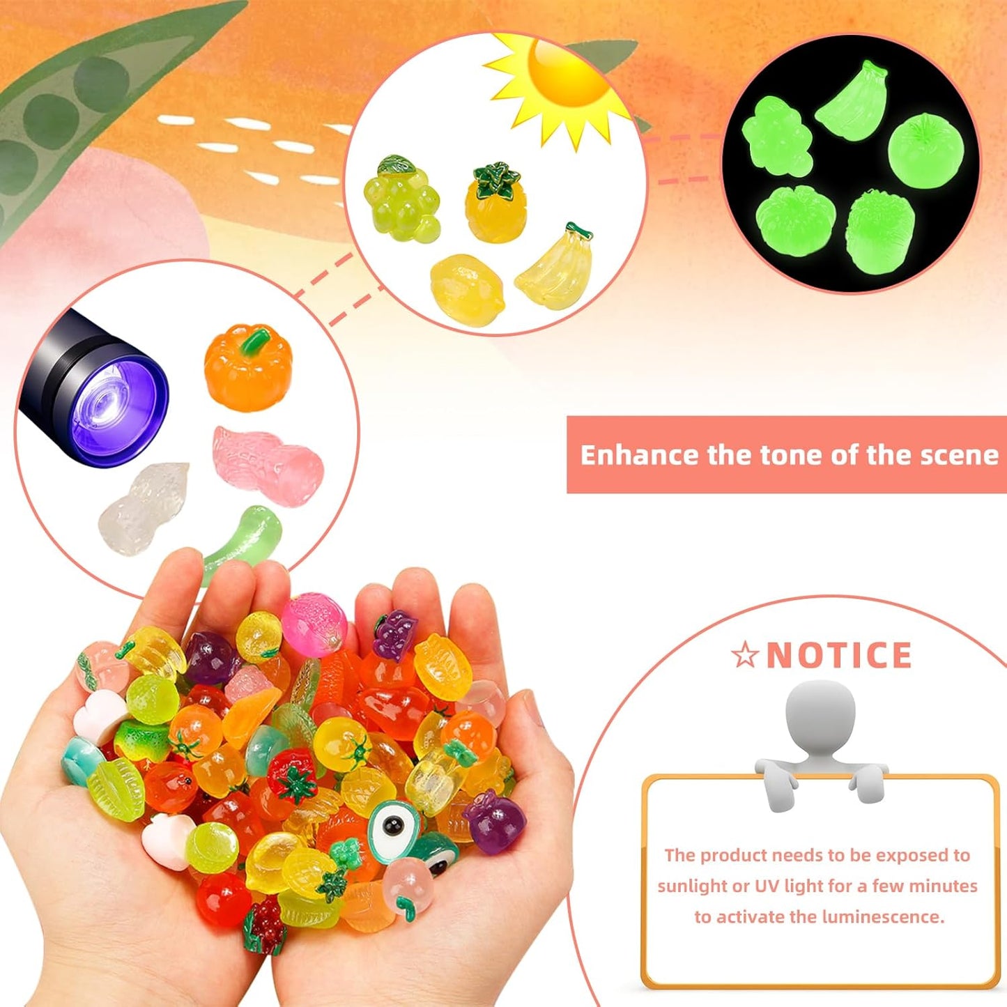 60 pcs Mini Luminous Fruits Vegetables Figurines, Resin Tiny Artificial Fruit Vegetables Glow in The Dark, Fake Miniature Food Decoration for DIY Art Crafts Miniature Landscapes Garden Home