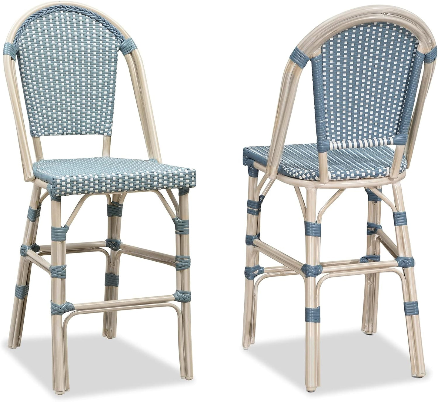 PURPLE LEAF French Counter Height Bar Stool Set of 2 25" White Print Finish Patio Bar Chairs with Back Rattan Bar Chairs French Bistro Set for Kitchen Outdoor Counter Stool Light Blue