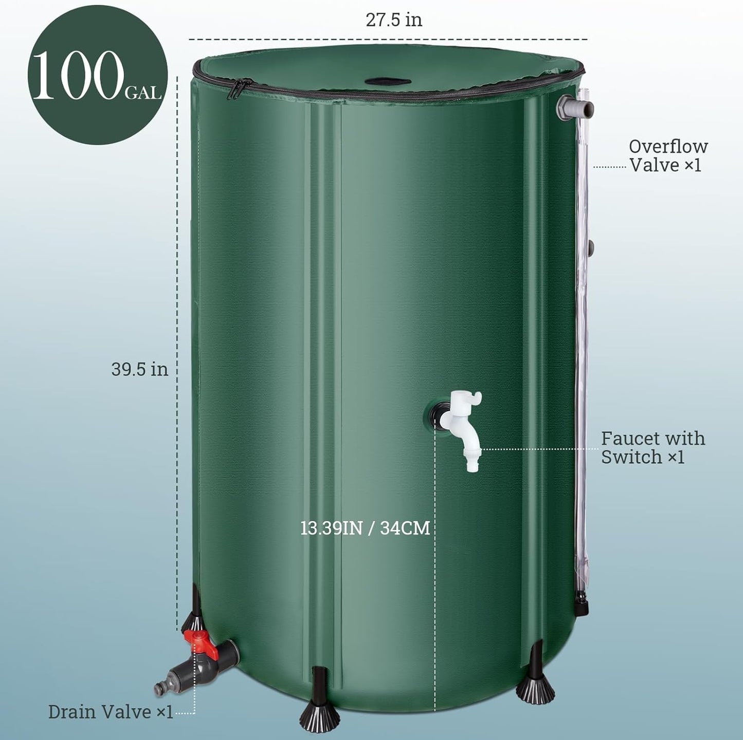 100 Gallon Collapsible Rain Barrel, SKM Portable Rain Water Collection Barrel for Garden/Outside/Lawn, PVC Rainwater Collection System Water Tank Storage Container with Spigots & Overflow Kit, Green