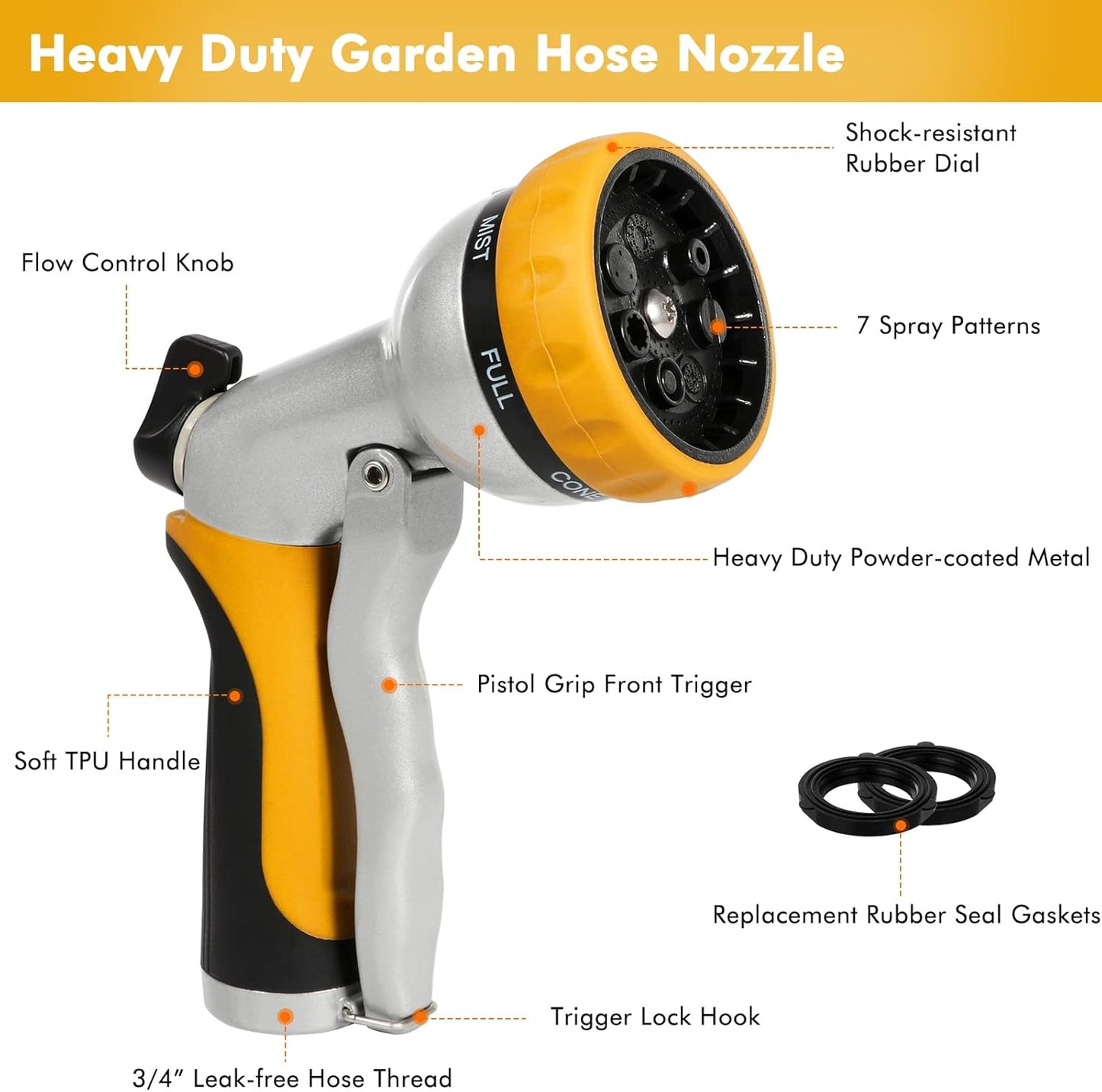 RESTMO Garden Hose Nozzle, Heavy Duty Metal Water Hose Nozzle with 7 Adjustable Spray Patterns, High Pressure Hand Sprayer with Flow Control, Best for Watering Plant & Lawn, Washing Car & Pet, Yellow