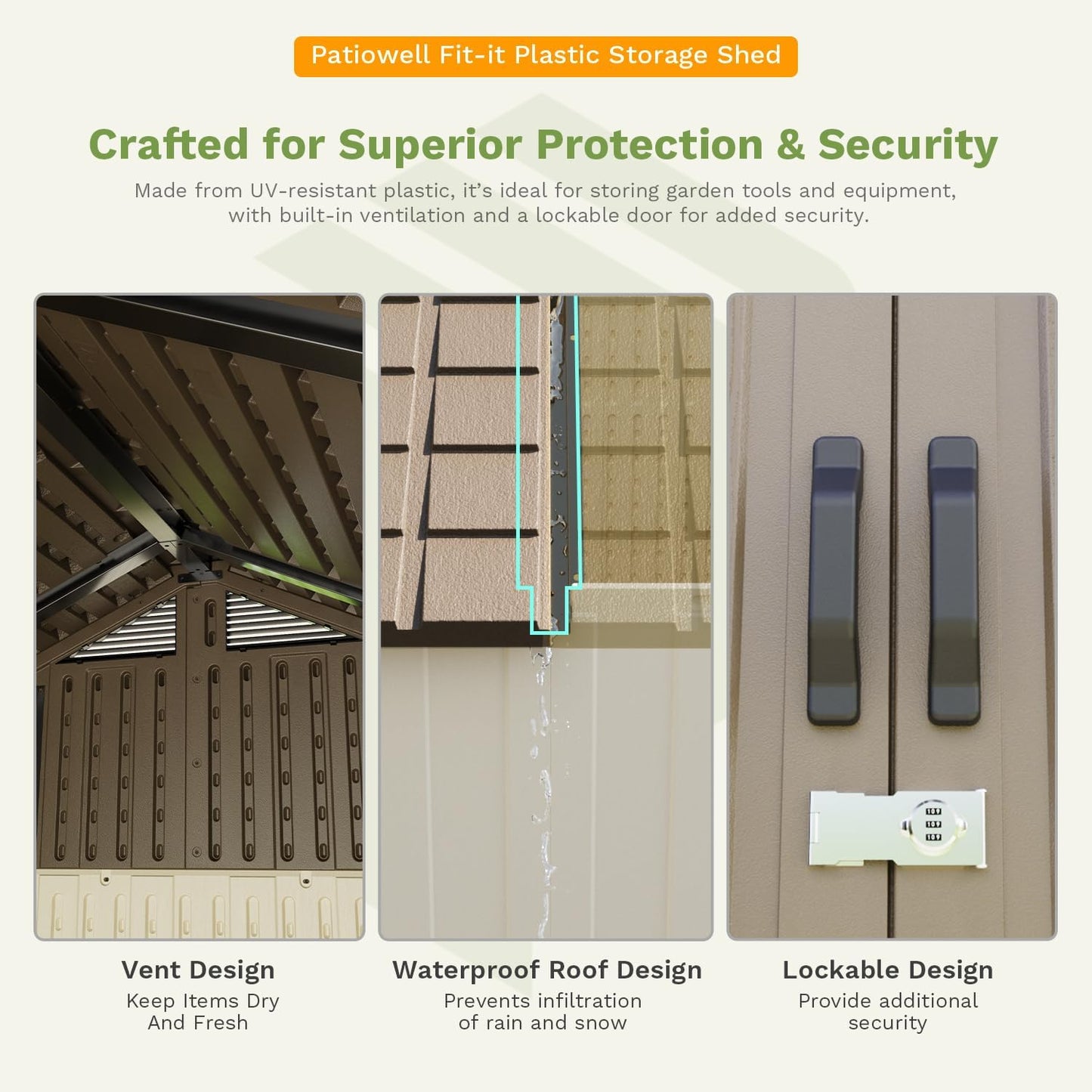 Patiowell 8 x 8 FT Plastic Outdoor Storage Shed with Floor, Resin Shed with Window and Lockable Door for Garden, Backyard, Tool Storage Use, Easy to Install in Brown (Kick-it Shed)