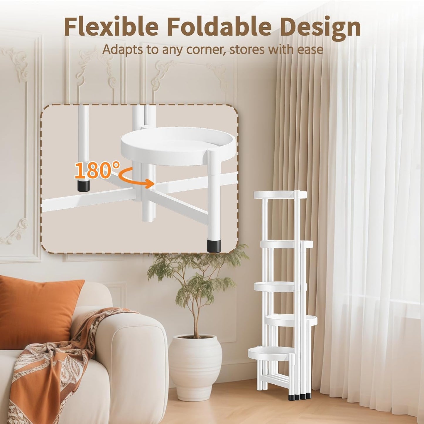 LASZOLA 5 Tiered Folding Plant Stand Indoor for Multiple Large Planter, Tall Heavy Duty Adjustable Rack with Rust Proof 10 Inch Wide Tray, Sturdy Vertical Tree Organizer for Narrow Inside Floor, White