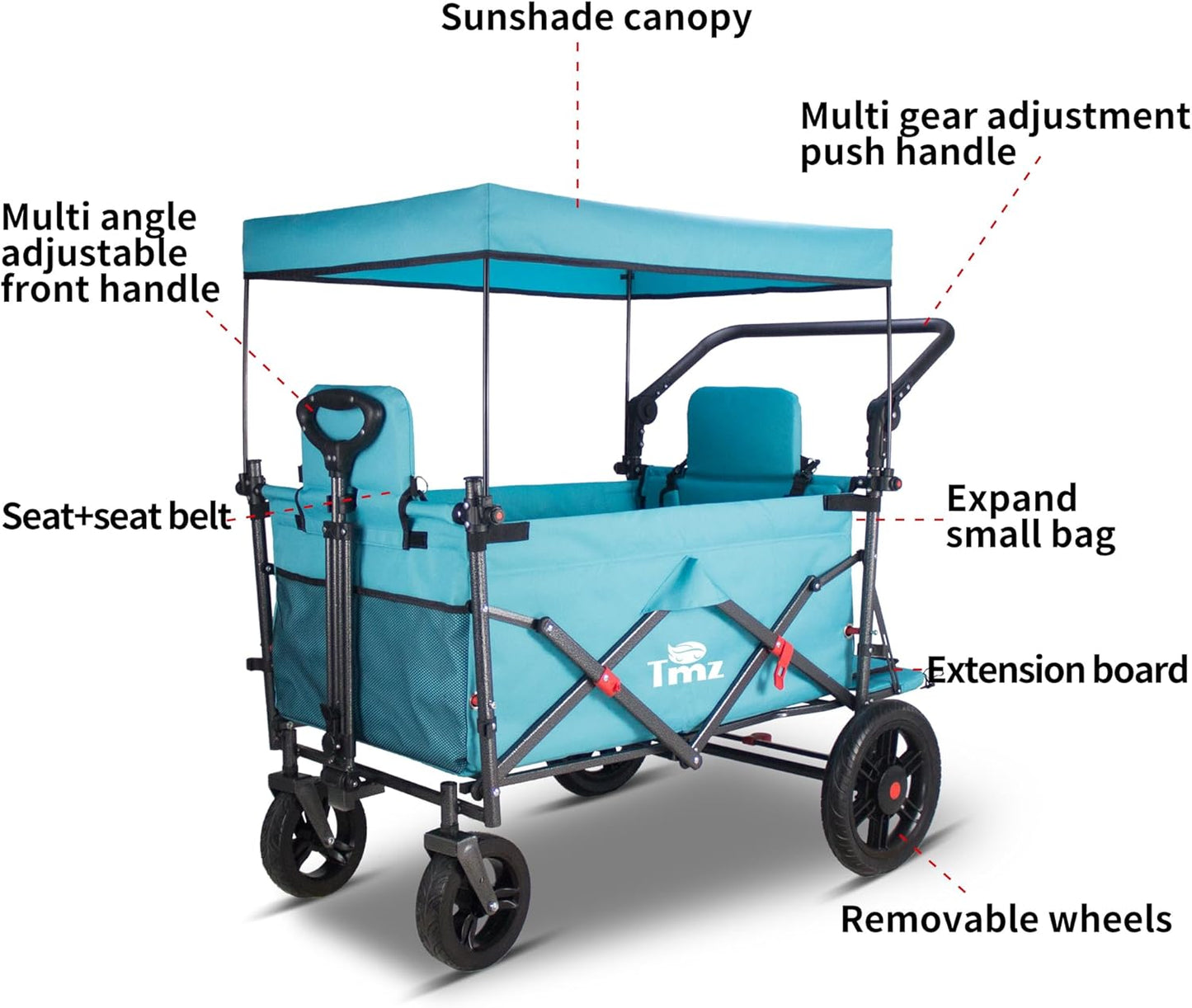 TMZ Collapsible Foldable Wagon Cart with Quick-Release Wheels and 2 Seats, Heavy Duty Wagon 265LBS Load Capacity for Camping Garden Shopping (Turquoise)