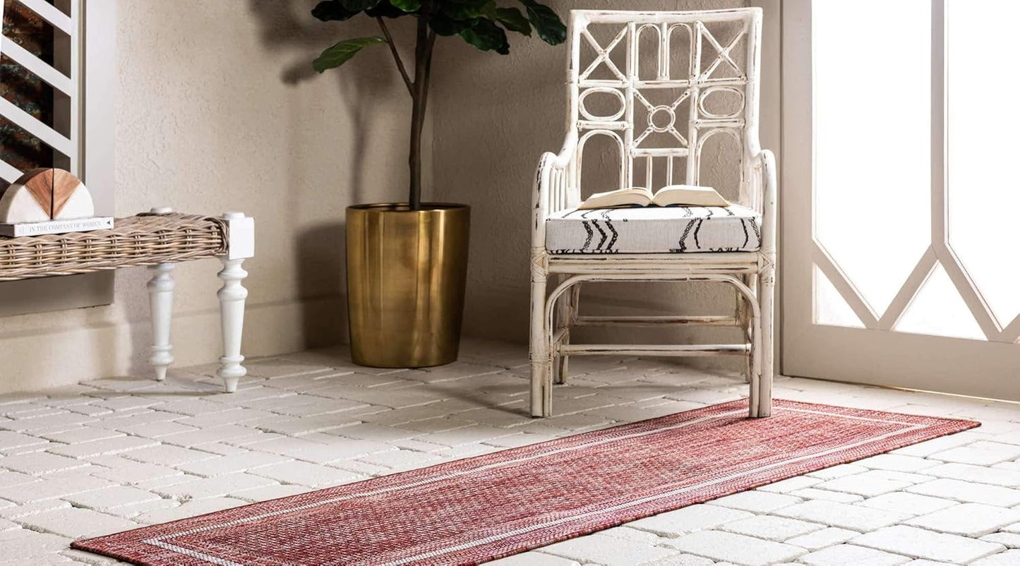 Unique Loom Outdoor Border Collection Area Rug - Soft Border (2' x 6' 1" Runner, Rust Red/ Ivory)