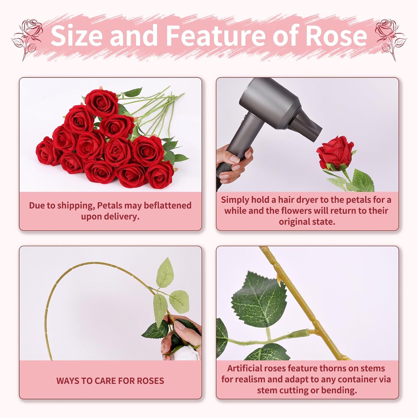 55 PCS Fake Roses Artificial Flowers Bulk, Red Roses Bridal Bouquet Silk Faux Rose with Stems for Wedding Flowers Decoration, Valentine's Day, Bridal Bouquet, Anniversary,Home Decor (55PCS, Red)