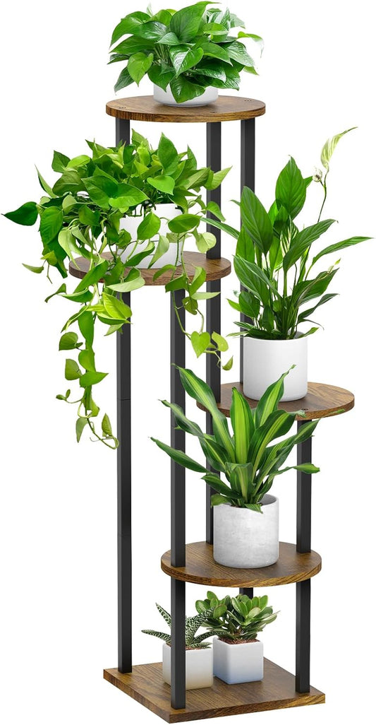 5 Tier Plant Stand Indoor, Metal Wooden Tall Plant Shelf Flower Pot Stand for Multiple Plants, Corner Flower Holder Plant Display Rack for Living Room Balcony Patio Garden (Rustic Brown)