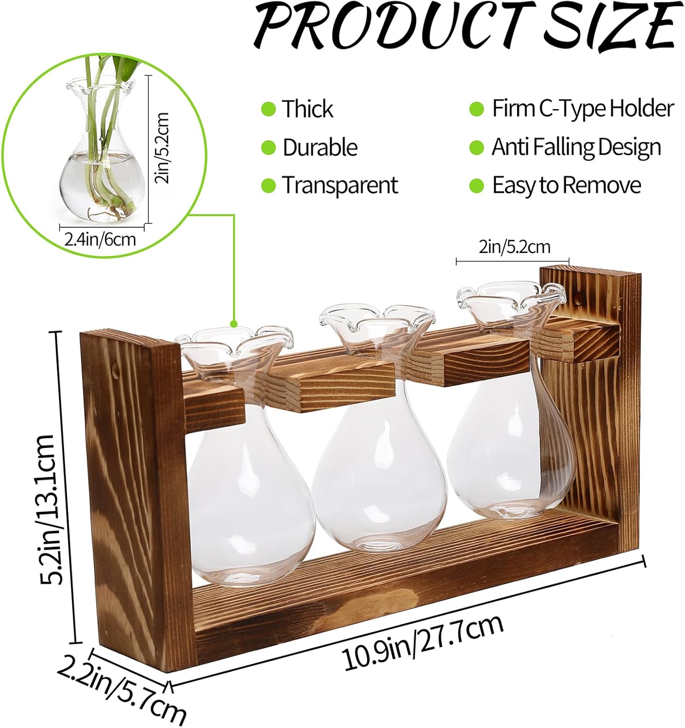 Plant Propagation Station Plant Terrarium Unique Birthday Gifts for Women Plant Lovers Home Office Decor Planter with Wooden Stand - 3 Bulb Glass Vase