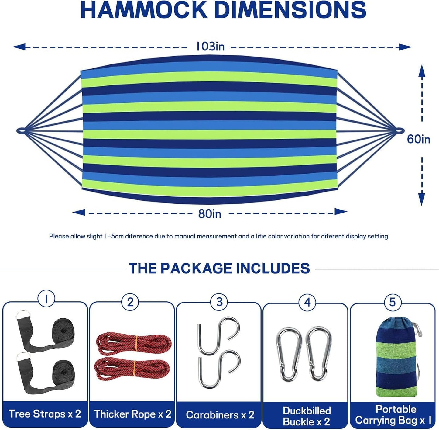 Durable Hammocks 660 Lbs Capacity, Camping Essentials Hiking Gear Accessories Max 2 X Tree Straps & Carabiners & Duckbilled Buckle & Thicker Rope & Portable Carrying Bag Included (Blue)