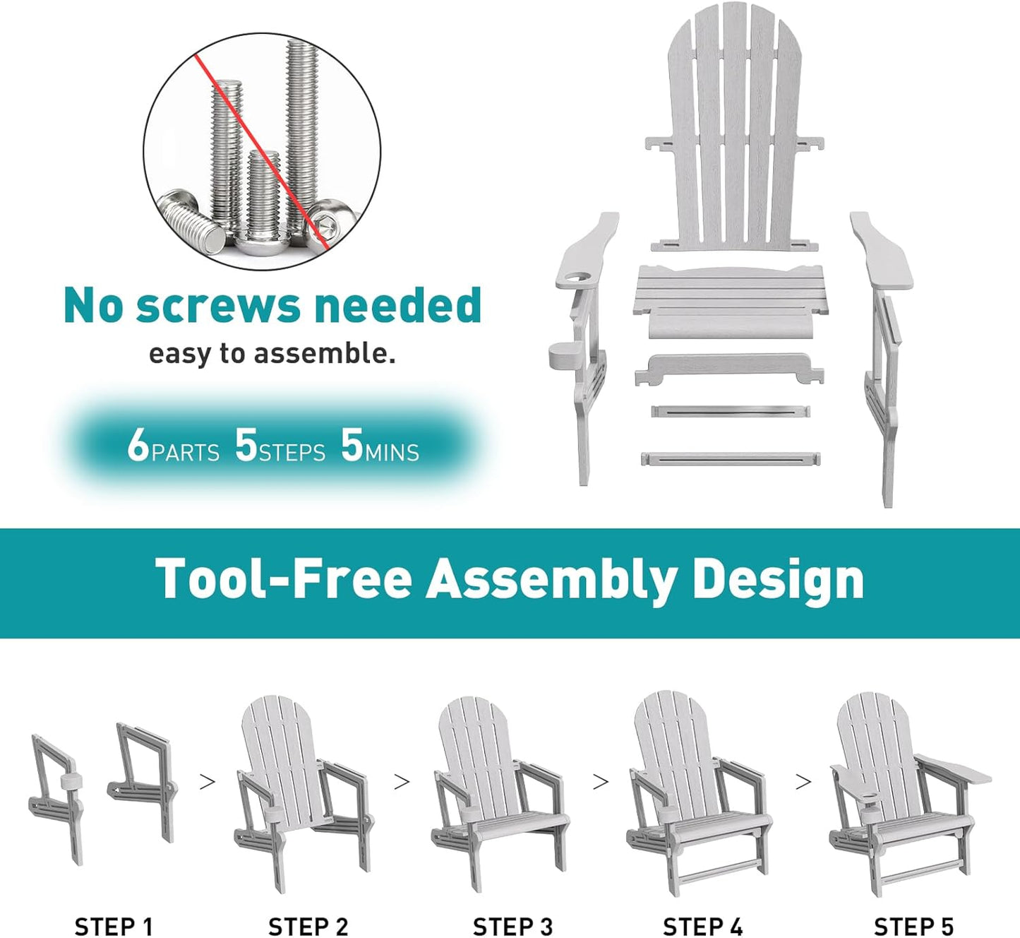 Adirondack Chairs Set of 2, Tool-Free Assembly All-Weather Plastic Adirondack Chairs, HDPE Fire Pit Chairs with Cup Holder, Outdoor Chair for Patio Garden (Grey)