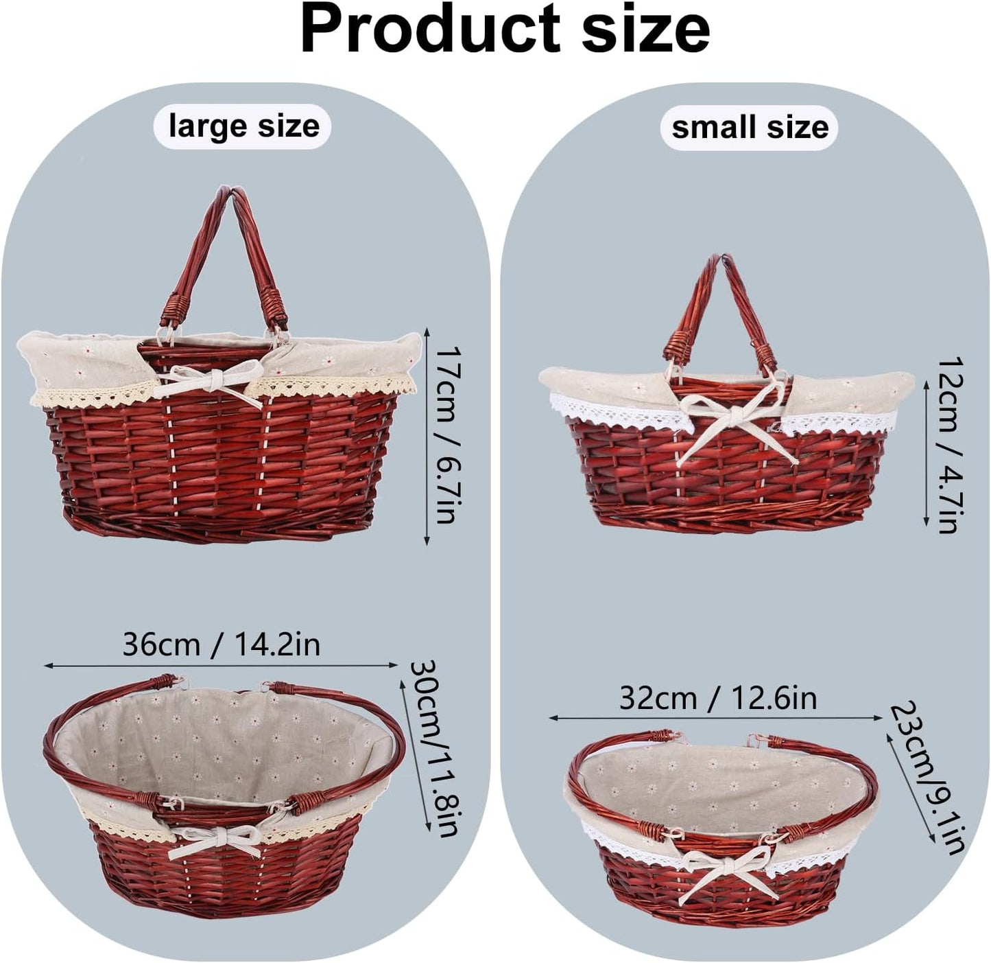 2 Pack Brown Wicker Basket with Linen Lining, 14 & 12 Inch Wicker Woven Picnic Basket with Handle for Picnic, Camping, Outdoor Party