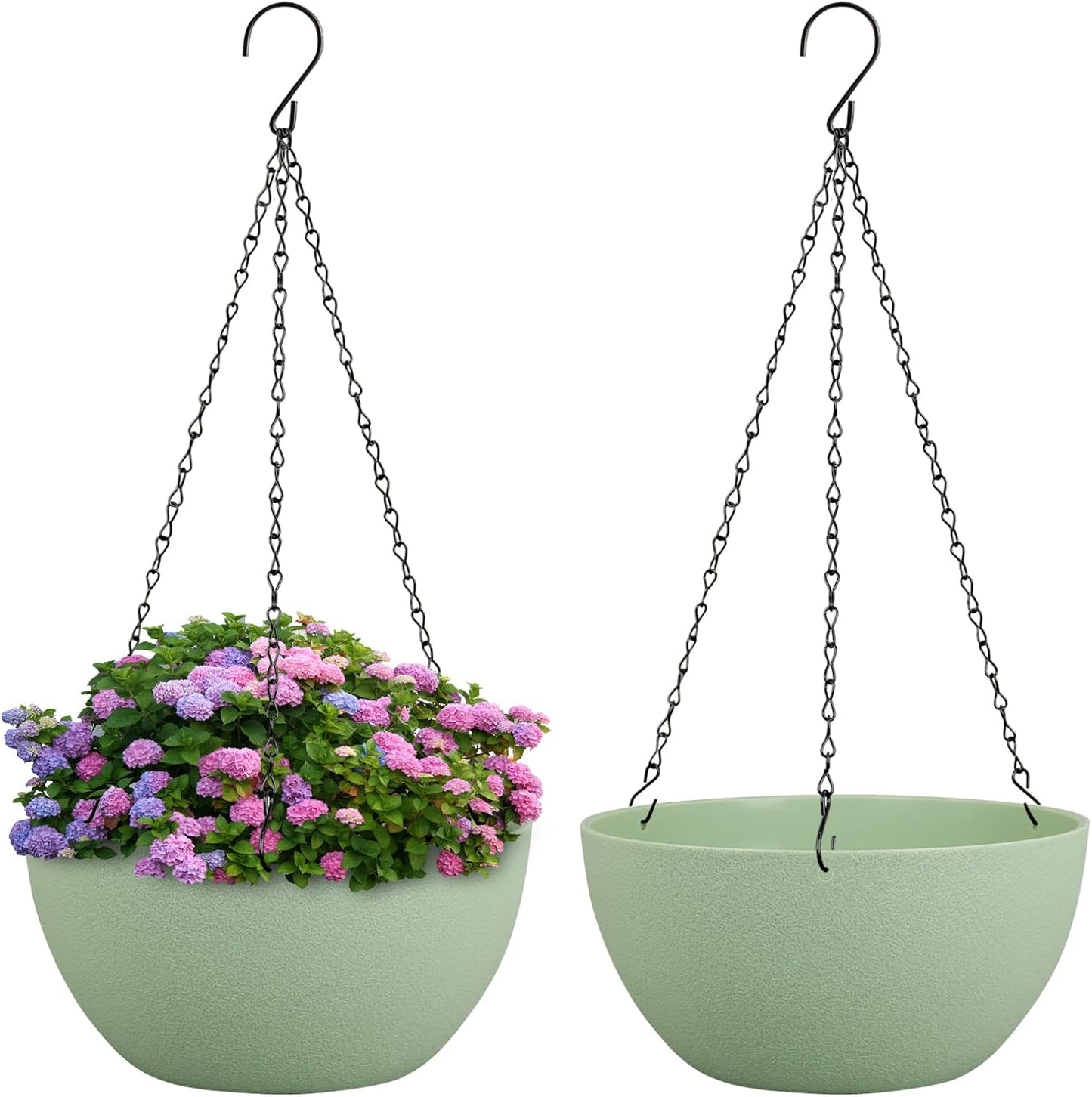 8 inch Small Hanging Planters Plant Pots for Indoor Outdoor Plants, 2 Pack Hanging Flower Pots with Drainage Holes and Chain for Garden Porch, Plastic Hanging Baskets for House Plants, Green