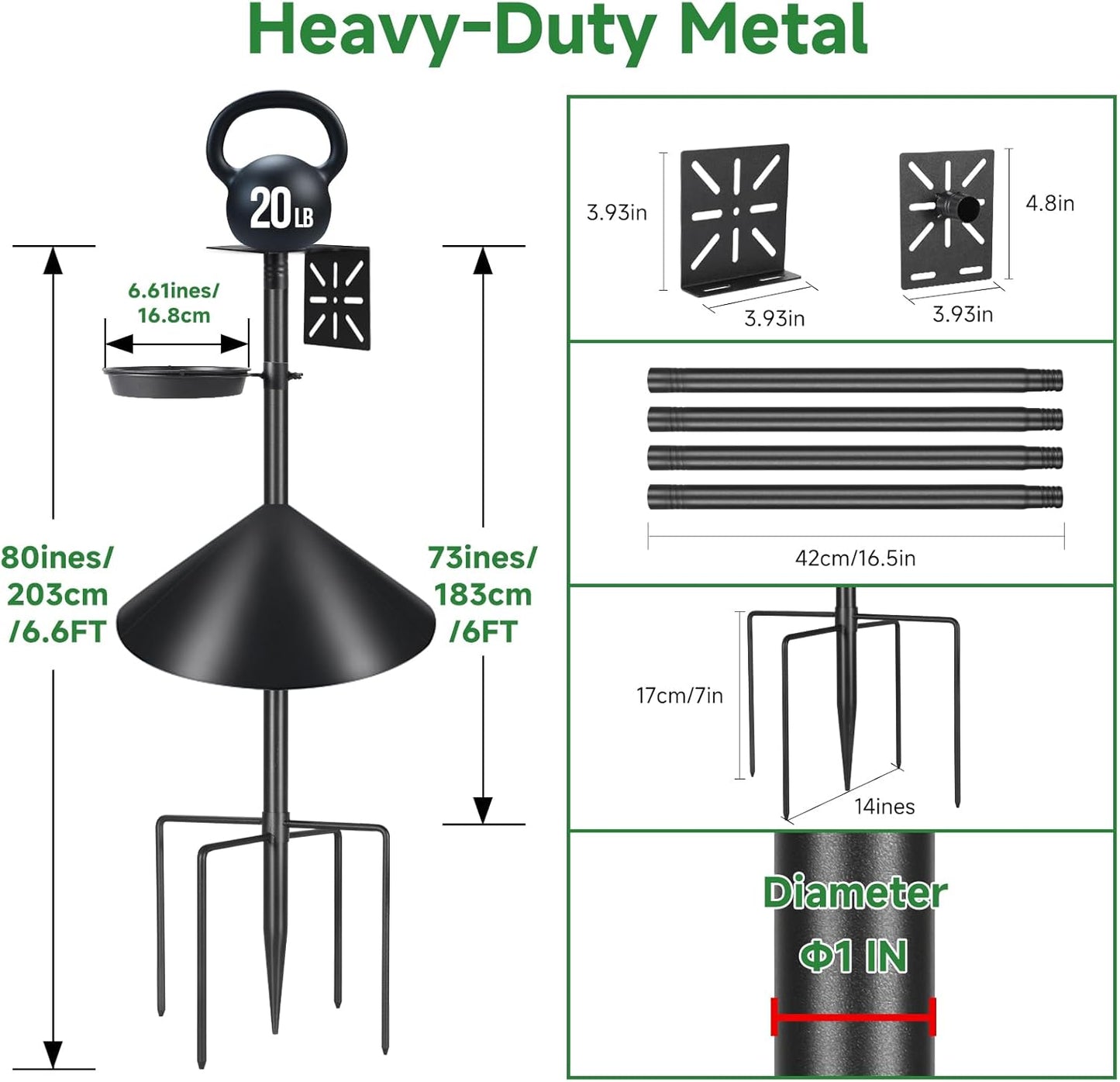 Smart Bird Feeder Pole with Squirrel Baffle & Bath-Heavy Duty Adjustable 3-6.6ft Universal Stand Mount for Backyard&Outdoor Bird Houses/Cameras (80'Pole-Baffle-Bath)