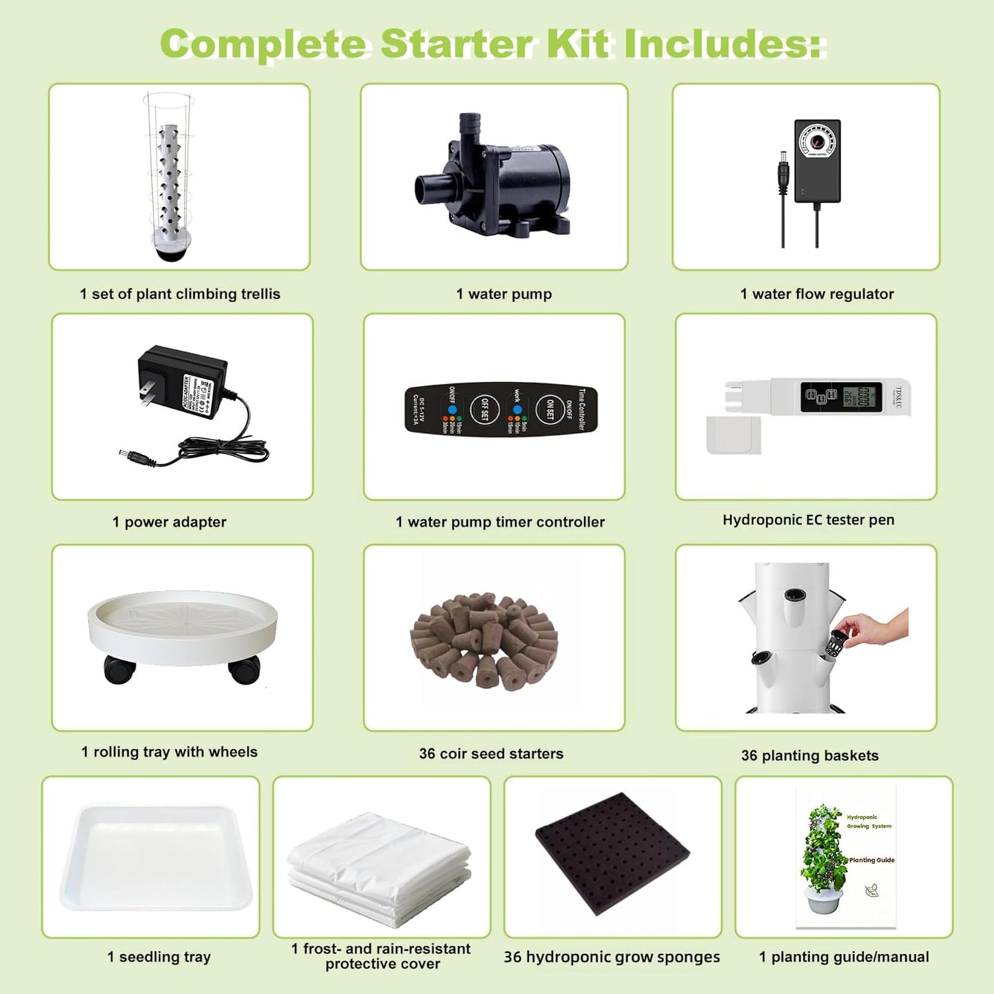 Hydroponic System Kit, Hydroponic Vertical Garden, Lettuce & Herb Starter Kit, with 36 Plant Holes, 9-Tier Indoor Outdoor Growing Tower with Climbing Trellis and Timer