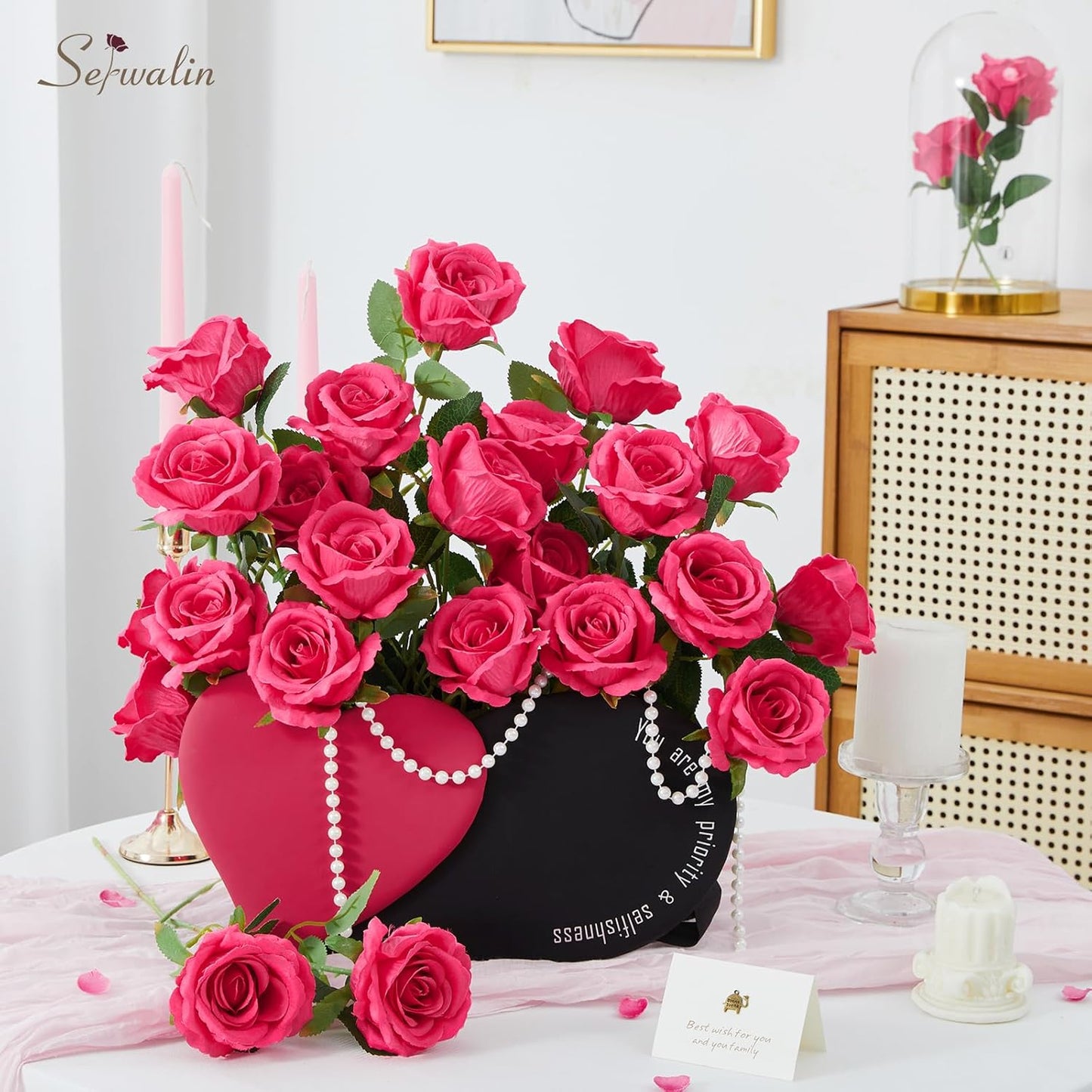 Serwalin 30pcs Artificial Silk Roses Flowers, Hot Pink Artificial Roses with Long Stems Bulk Realistic Fake Roses Flowers for DIY Wedding Bouquet Centerpieces Party Home Table Decor
