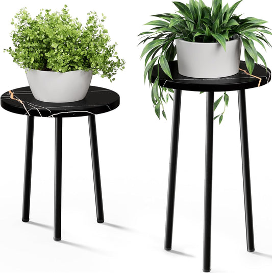 Plant Stand Indoor Tall: Corner Wood Plant Stand 2 Pack Mid Century Modern Decor - Small Round Plant Table for Indoor Plants - Outdoor Plant Holder for Patio Living Room Bathroom Office (Black Marble)