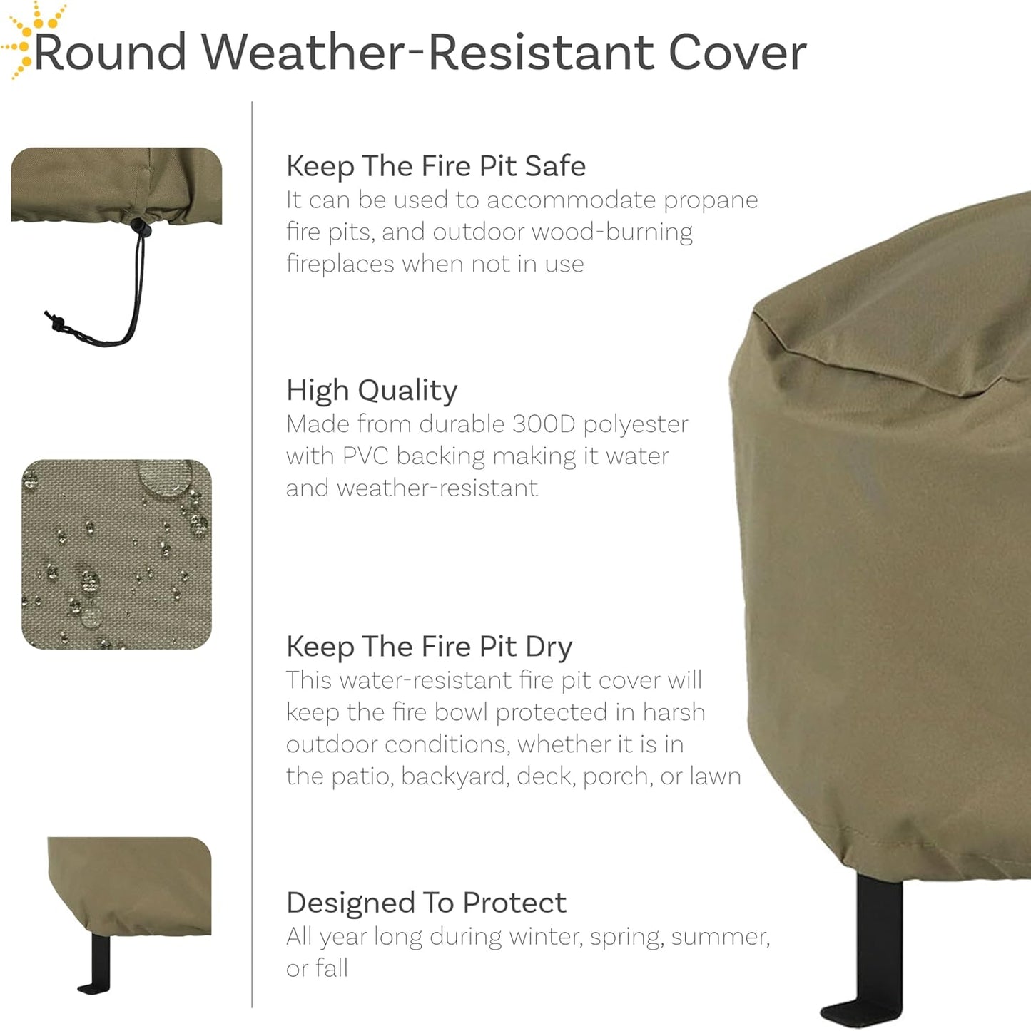 Sunnydaze Round Outdoor Fire Pit Cover - Heavy-Duty 300D Polyester and PVC with Drawstring Closure - Khaki - 36-Inch
