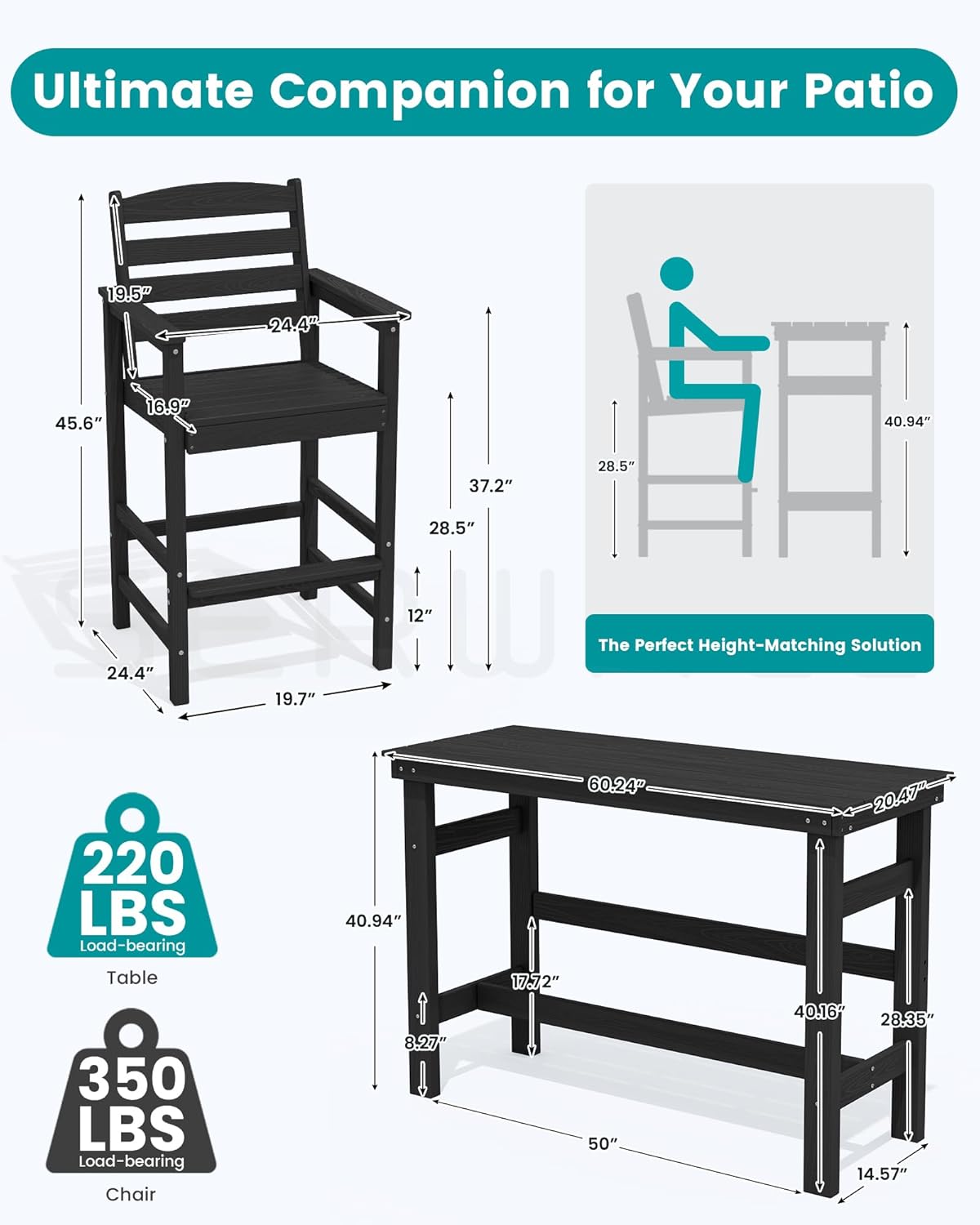 SERWALL Outdoor Bar Table and Chairs Set, Adirondack Bar Chairs Set of 2 and Bar Height Table, All Weather HDPE Outdoor Patio Bar Set, Outdoor Furniture for Outside, Poolside, Backyard, Garden, Black