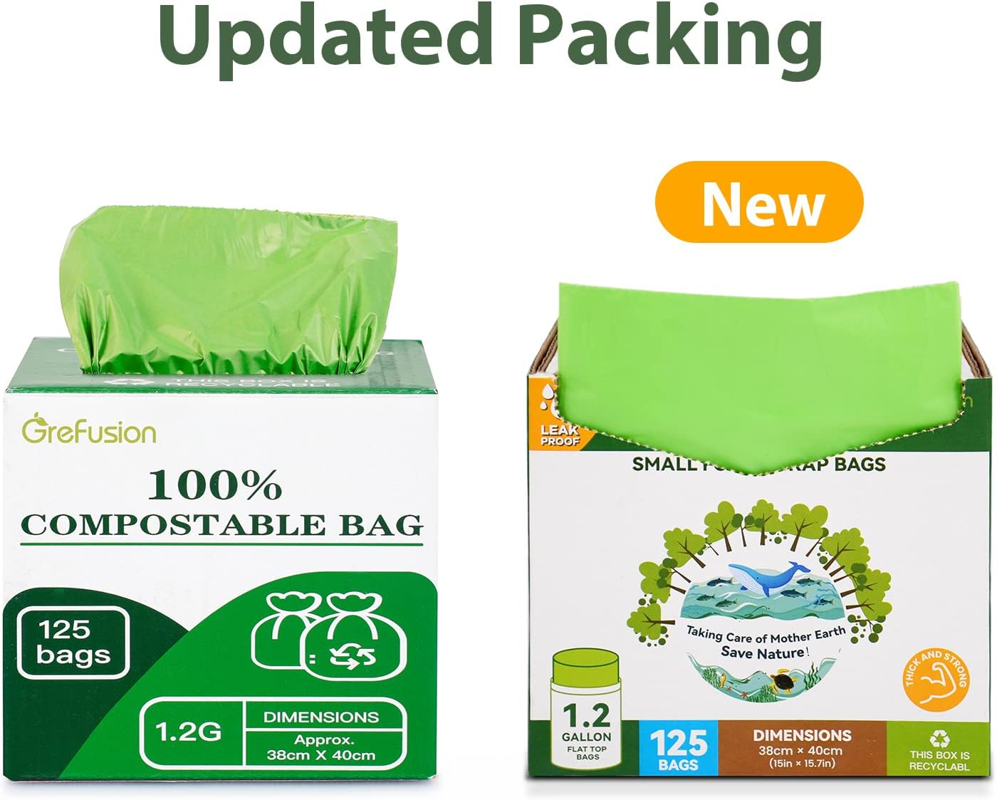 Compostable Bags for Kitchen Compost Bin, 1.2 Gallon, 125 Count, Certified by BPI and ASTM, Leakproof and Odor Control