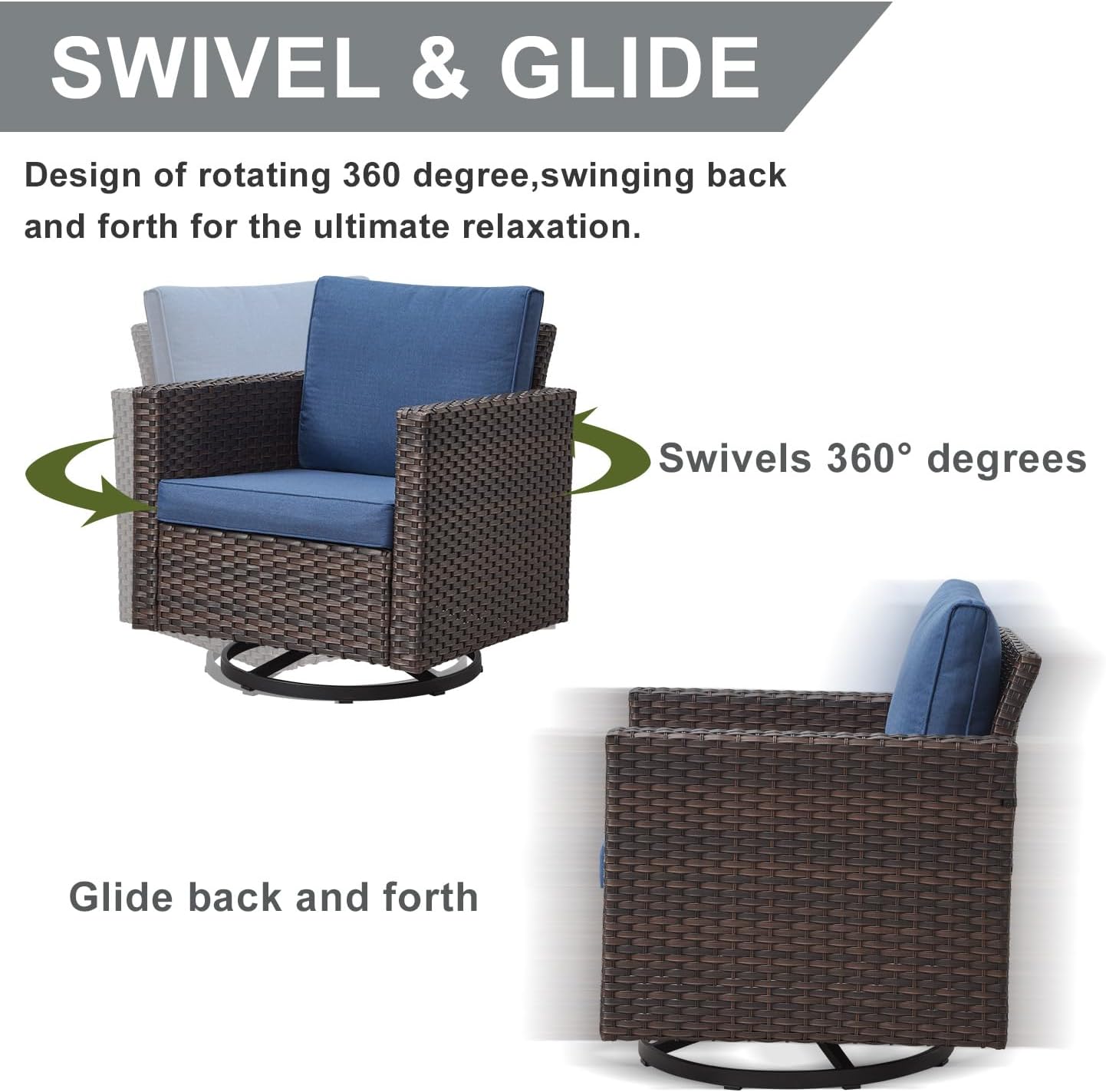 HUMMUH 5 Piece Patio Furniture Set All-Weather PE Wicker Outdoor Swivel Rocker Chairs Set of 2 with Ottomans Side Table for Patio,Porch,Garden,Backyard