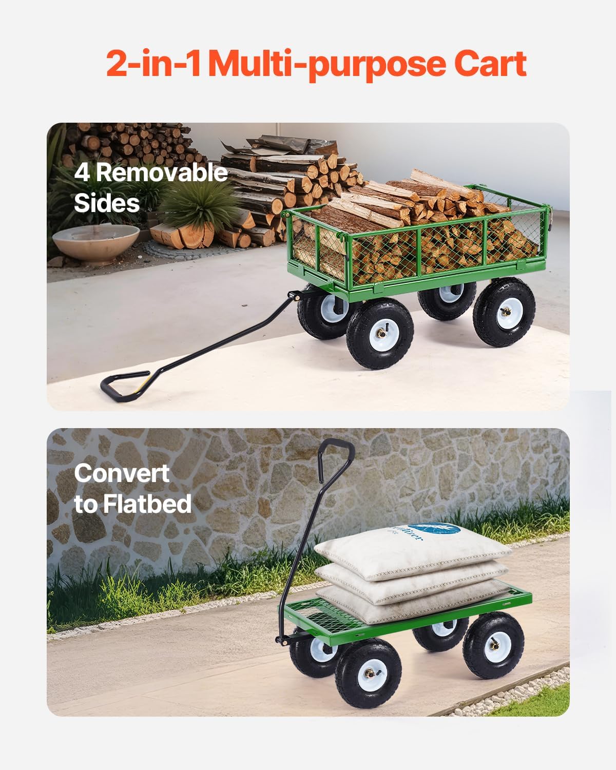 VEVOR 900 Lbs Steel Garden Cart on Wheels, Heavy Duty Pullable Garden Wagon Yard Cart, Outdoor Metal Utility Wagon with 10" Tires and Mesh Removable Sides(Convert to Flatbed), and 180°Rotating Handle