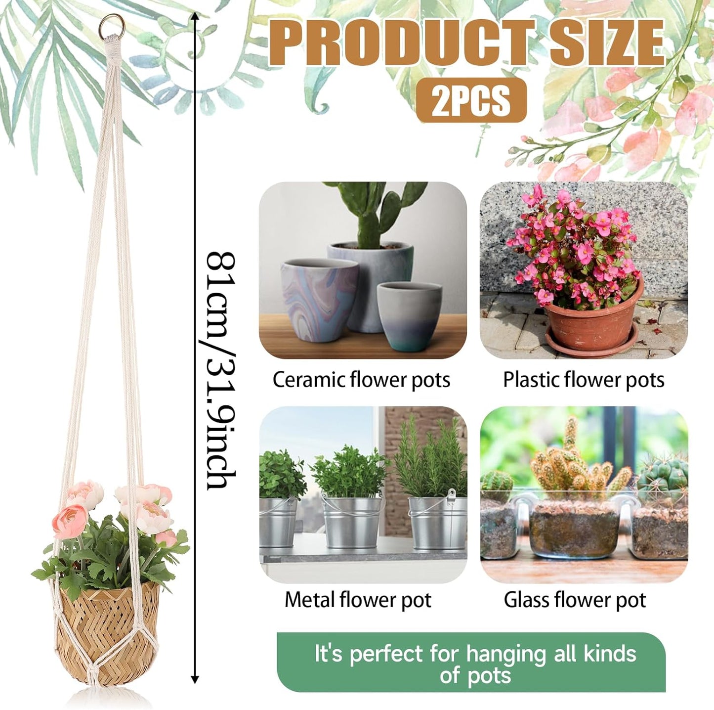 Macrame Plant Hanger, 2 Pack Boho Hanging Planters Baskets for Indoor Plants Decorative Braided Cotton Rope Flower Pot Holder with Metal Hook Rings for Outdoor Home Decor, No Tassels, Ivory, 34 Inchs