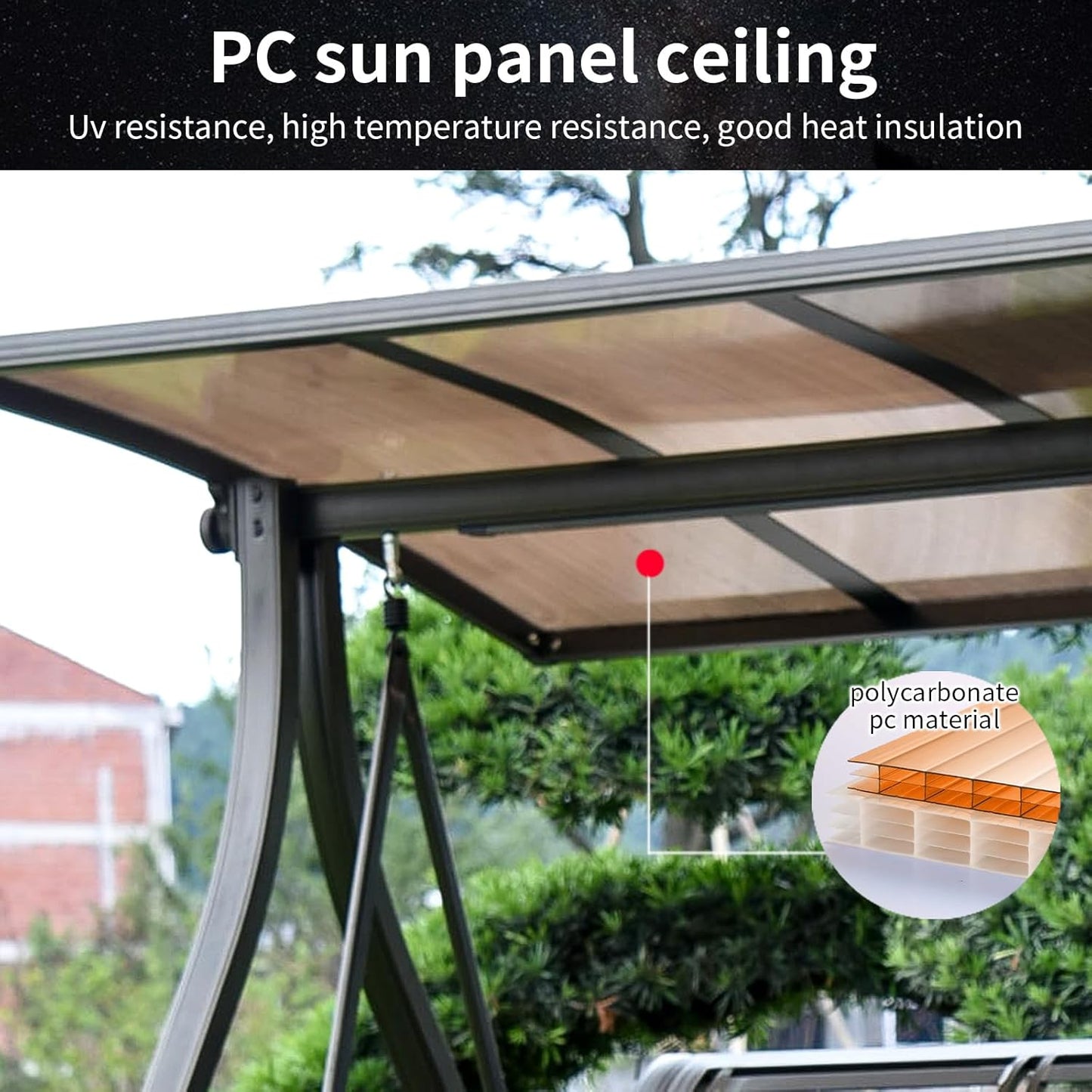 3-Seat Solar Outdoor Patio Swing Chair with Footrest Outdoor Porch Swing with Aluminum Frame Adjustable Tilt Canopy for Poolside Balcony Backyard (Plaid Pillow + Red Cushion)