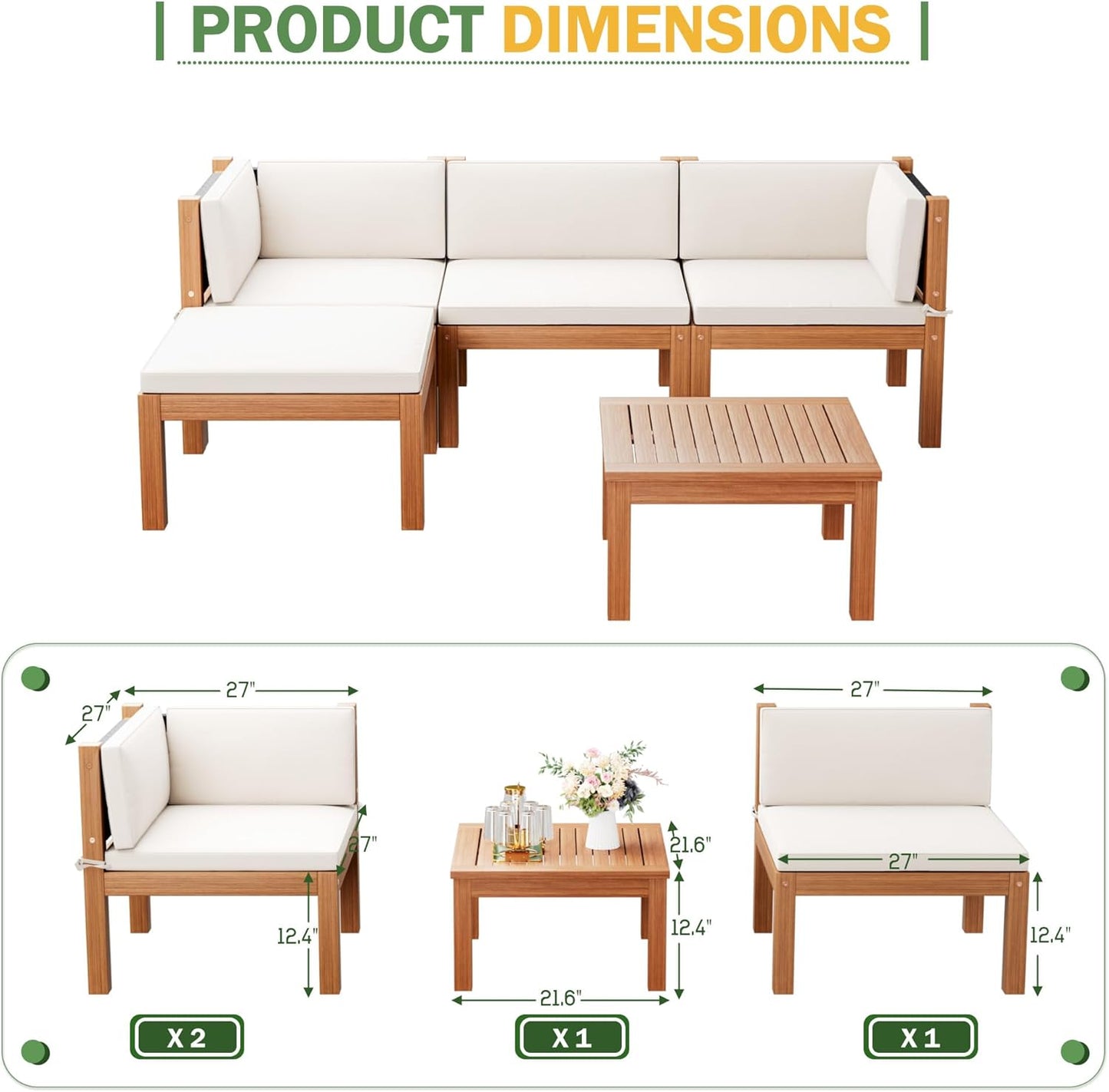 Devoko 5 Pieces Acacia Wood Outdoor Sectional Sofa Set with Coffee Table, Outdoor L-Shaped Couch with All-Weather Cushion for Patio
