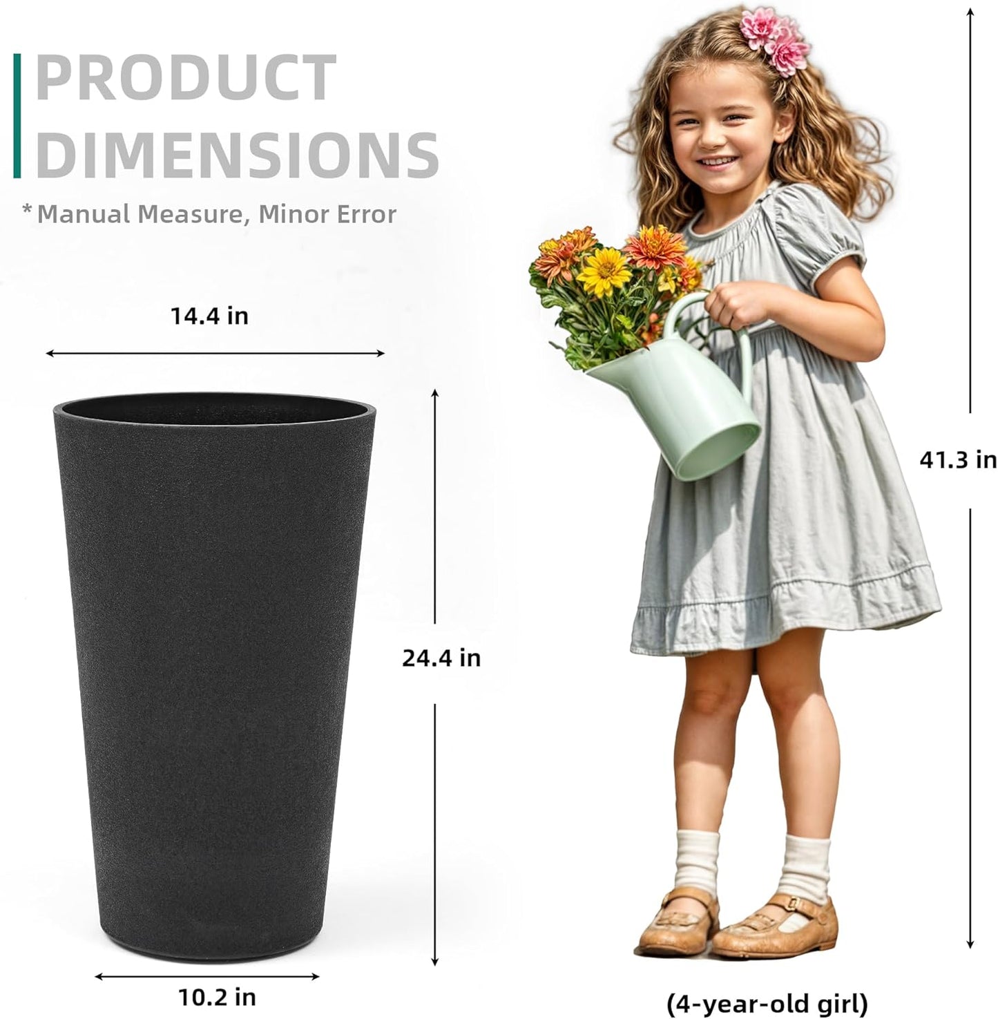 24" Set of 2 Tall Resin Outdoor Planters, Heavy-Duty Resin Flower Pots, Matte Black Leather Grain Finish, Durable & Weather-Resistant, Ideal for Garden, Patio, Yard, Porch, or Indoor Décor