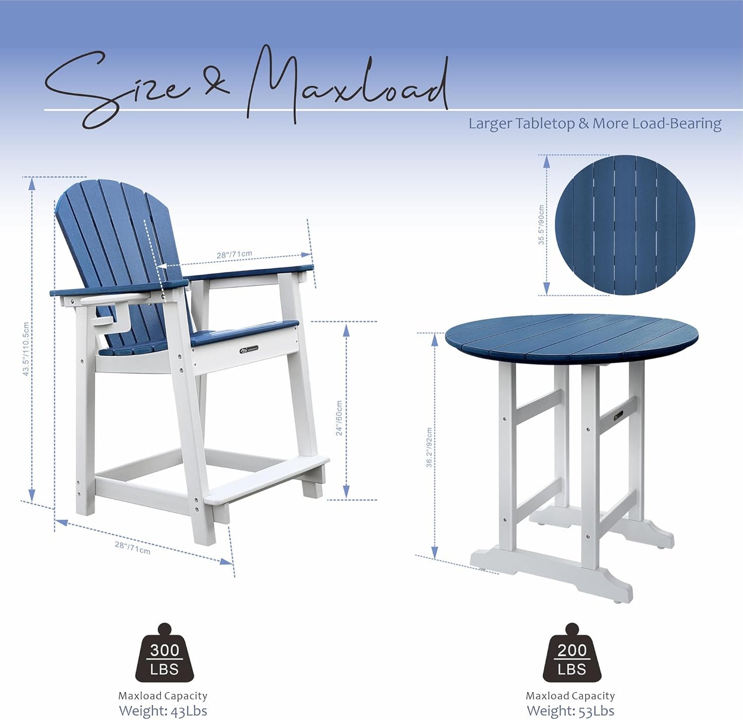 Tall Adirondack Chairs Patio Bar Tables Set of 5 Weather Resistant HDPE 35" Round Outdoor Bar Adirondack Barstools Plastic Height Table Pub, for Garden, Backyard, Yard, Pool, Fire, Pit (Blue)