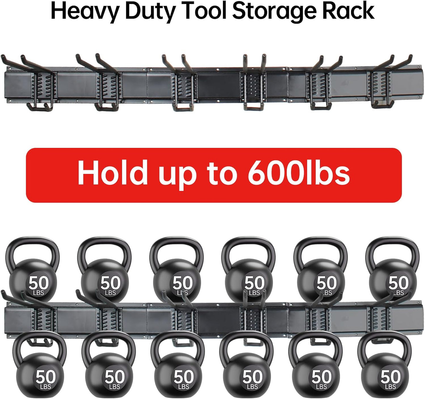 Garage Storage Rack Hooks, 48 Inch Heavy Duty Wall Mount Garage Organization with 3 Rails and 6 Adjustable Double Wall Hooks,Hanging Shelves for Garden Tool/Broom/Mop(Black)