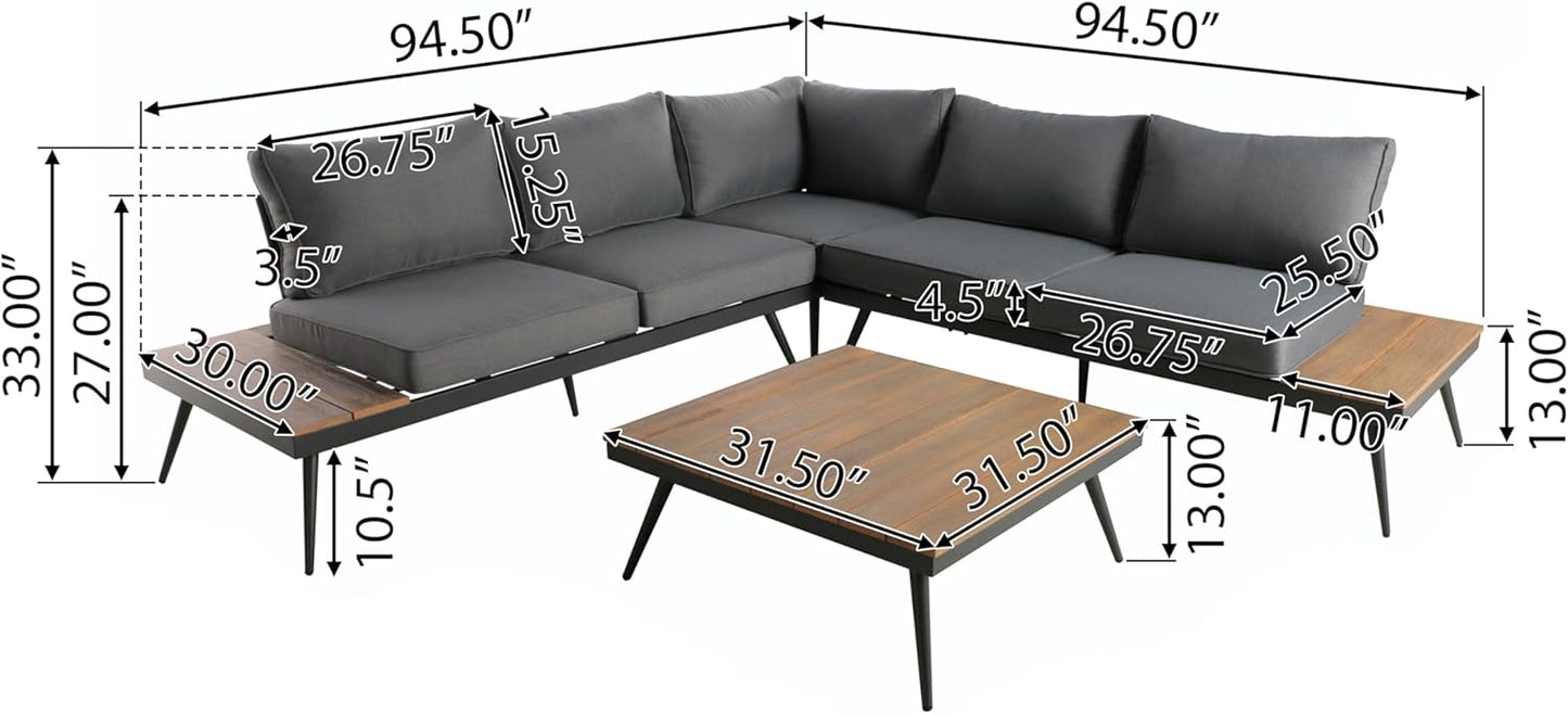 Outdoor V-Shaped 4-Piece Alum Patio Sofa Set, L-Shaped Conversation Set with Coffee Table, Aluminum Frame, Faux Wood, Outdoor Sectional Sofa Set for Garden