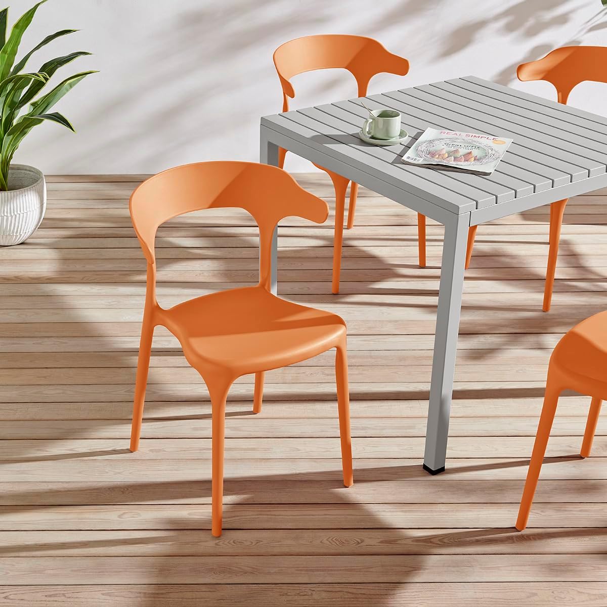 Plastic Outdoor Dining Table with Metal Legs, Weather Resistance, Home Patio Table, Restaraunt Outdoor Table, Quick Assembly (Grey)