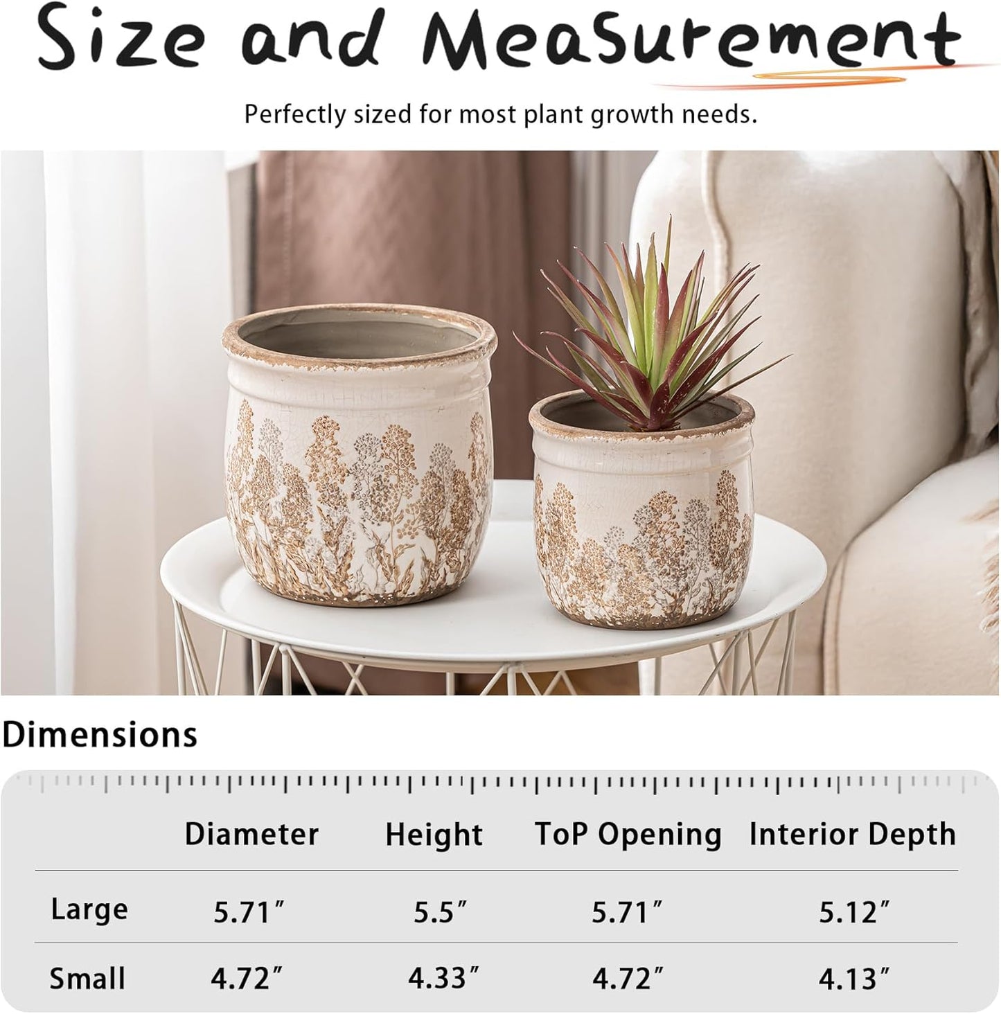 Set of 2 Ceramic Planters for Indoor Plants, 4.7+5.7 Inch Vintage Flower Pots without Drainage Hole, Rustic Brown Planter Set, Decorative Plant Pots for Indoor Plants, Home Decor, Living Room, Office