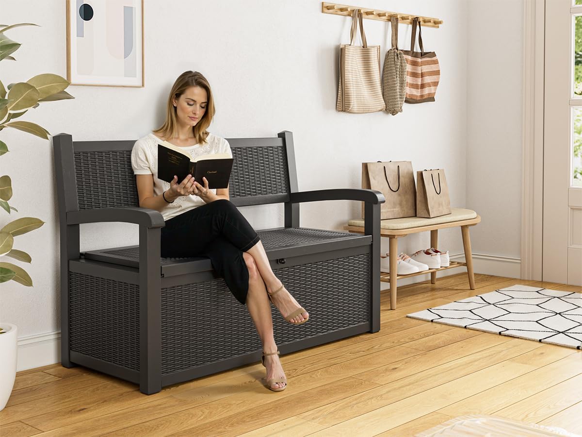 80 Gallon Outdoor Storage Box, Resin Patio Furniture with Armrest, Lockable Deck Box with Waterproof and UV Resistant for Patio Cushions, Garden Tools and Pool Supplies, Black