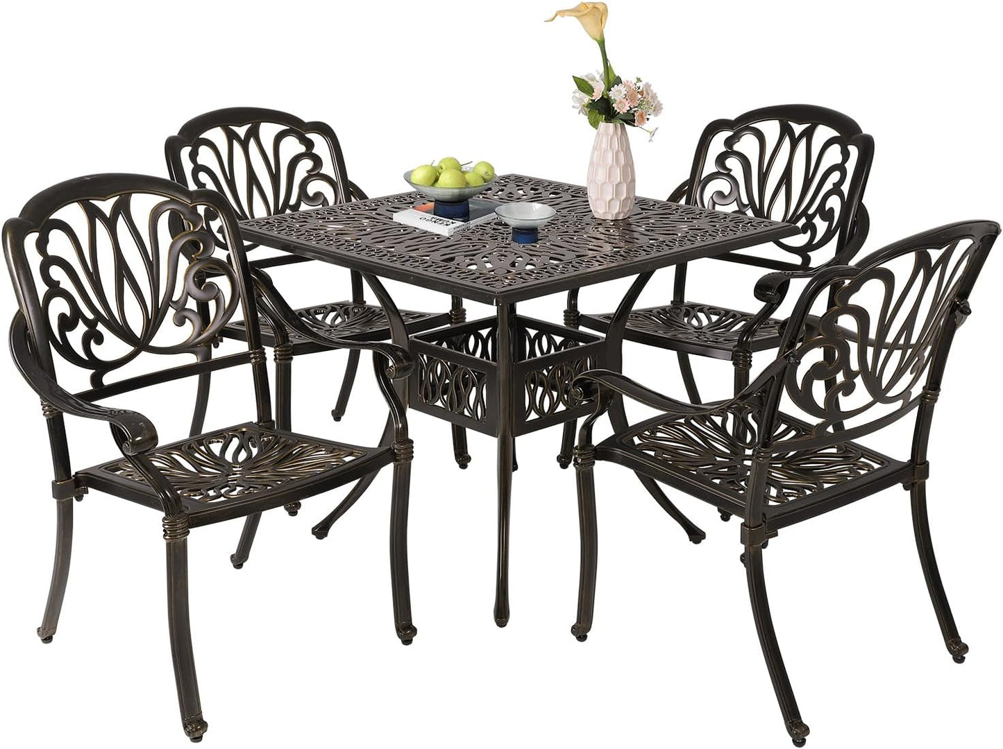 Cast Aluminum Outdoor Patio Dining Set, All Weather Outdoor Furniture Dining Set for Patio, Balcony, Lawn, Garden, Backyard (1 Square Table+ 4 Dining Chairs)