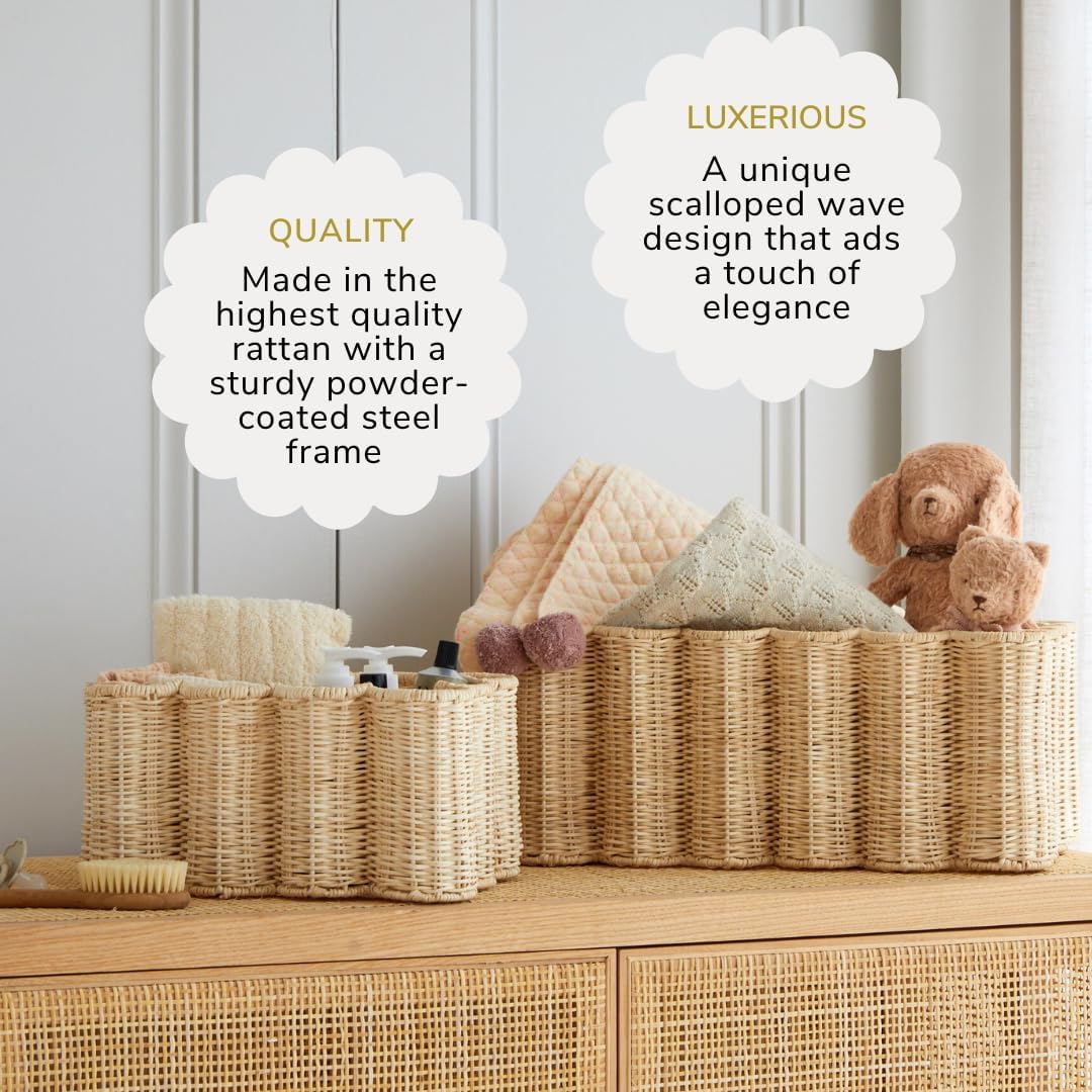 BEBE BASK Unique Wavy Scalloped Basket Set Of 2 - Scallop Basket - 16 x 10 x 7 In - Hand-Woven Elegant Wicker With Scalloped Edge Lid - Nursery Storage - (Earthy)