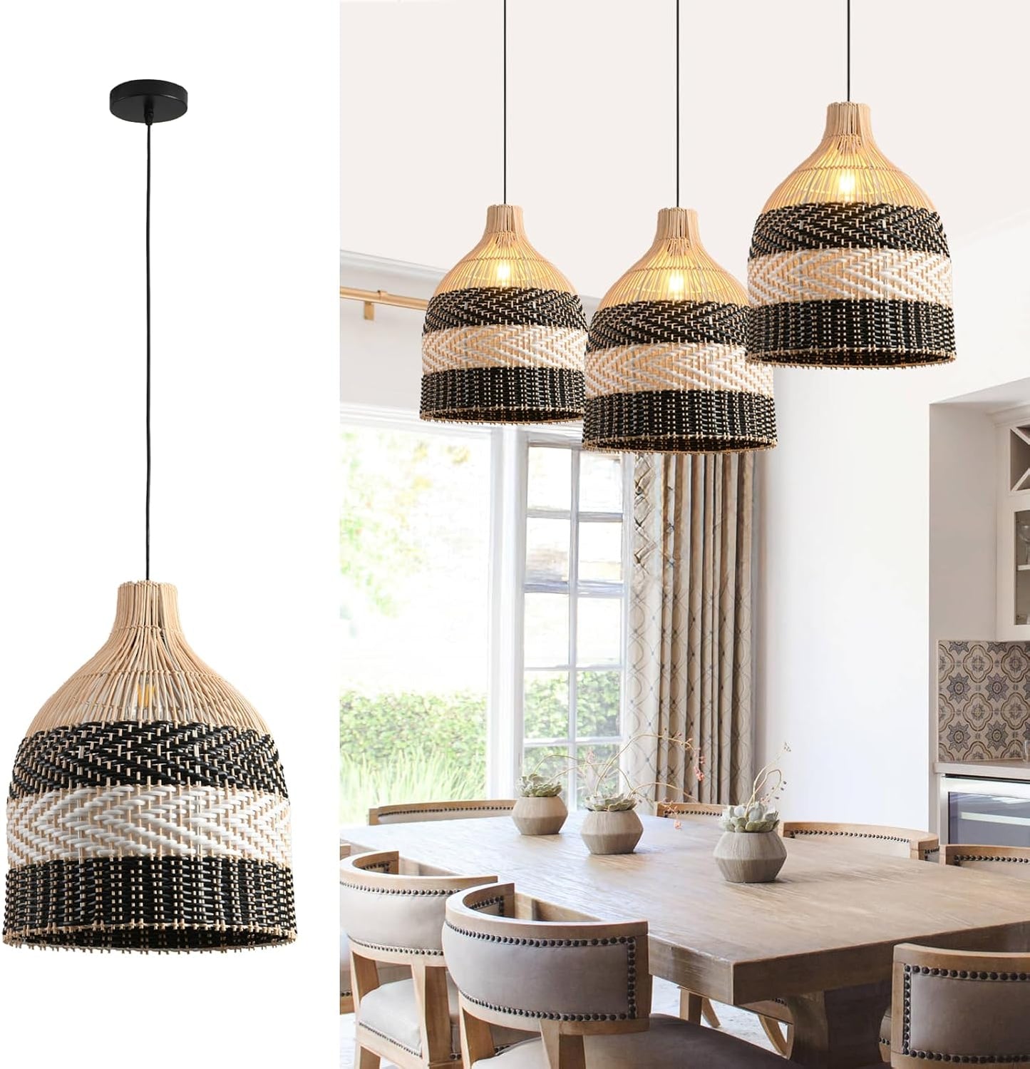 15.75" Rattan Pendant Light Black White Faux Rattan Basket Chandelier 1-Pack Boho Handmade Woven Wicker Hanging Light Fixture for Public Place Dining Living Bedroom Kitchen Farmhouse