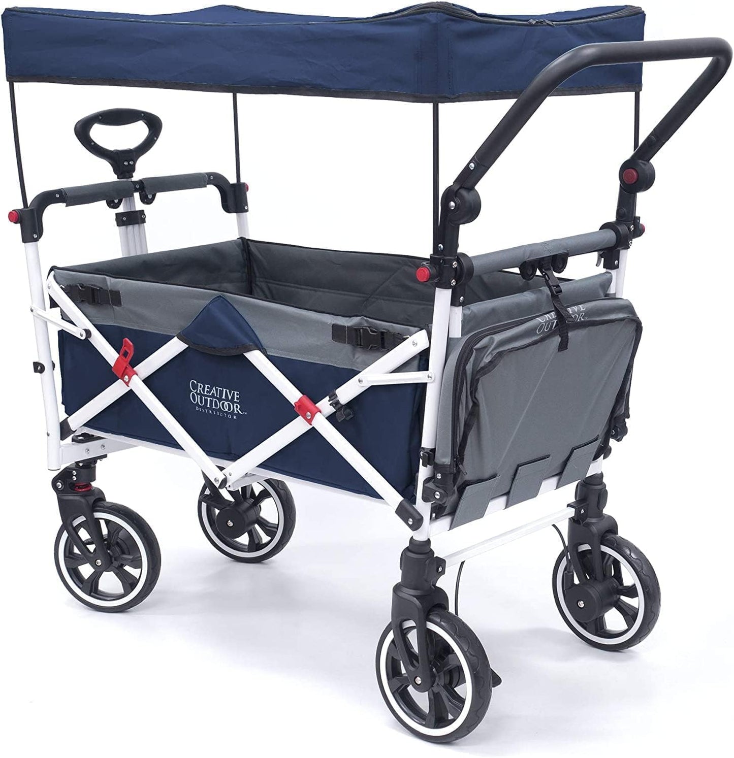 Creative Outdoor Wagon for Kids Push Pull Collapsible Stroller with Canopy Folding Cart for Beach, Park, Garden & Tailgate (Navy Blue & Grey)