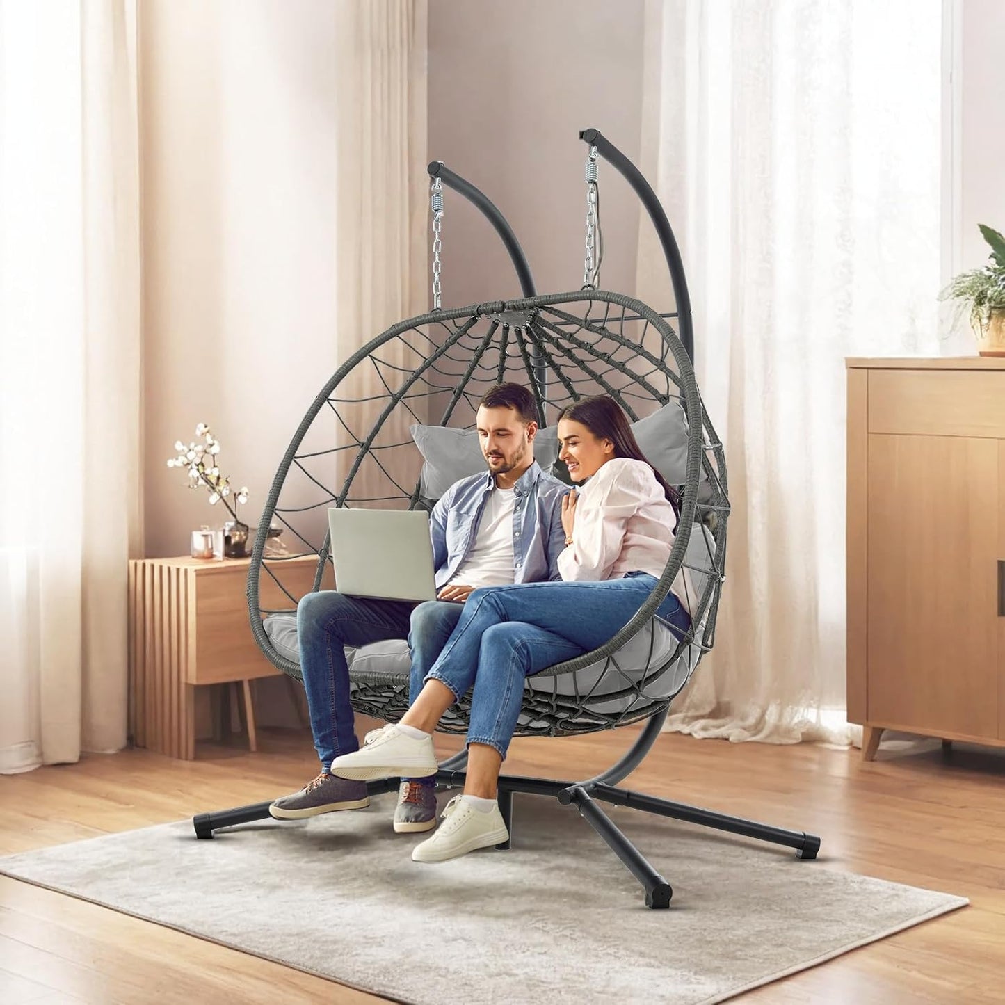 2 Person Double Egg Swing Chair with Stand Indoor Outdoor, Hammock Egg Chair Outdoor, Patio Wicker Hanging Egg Chair w/Cushion 700LBS Capacity for Bedroom, Balcony, Garden, Grey