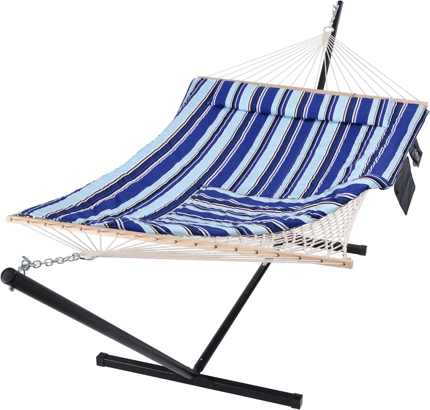 SUNCREAT Double Hammock with Stand, Two Person Cotton Rope Hammock, Blue Stripe